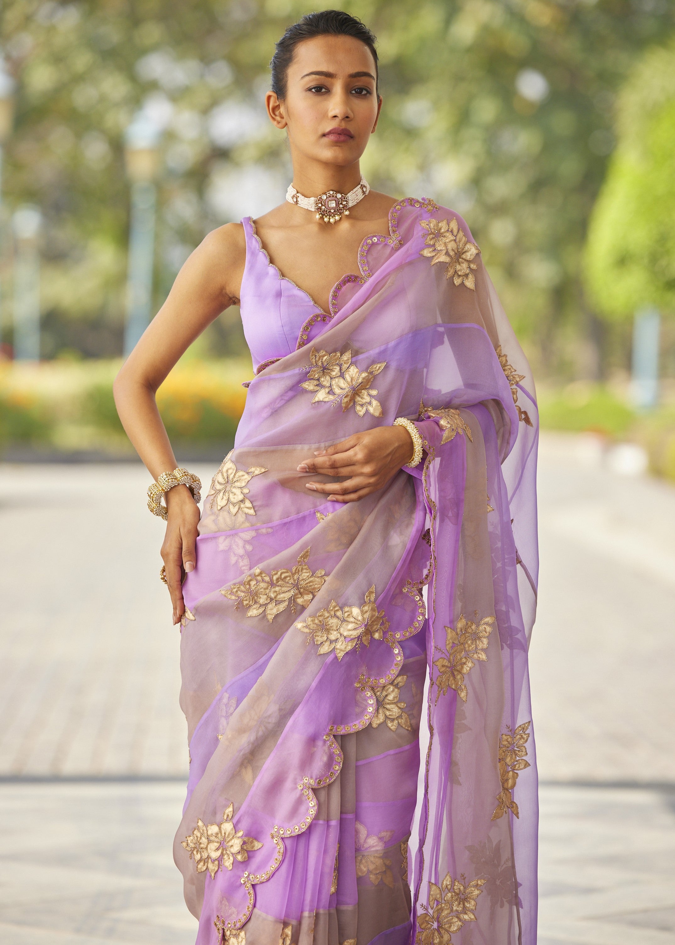 Mauve Multicolor Flower Sari Set