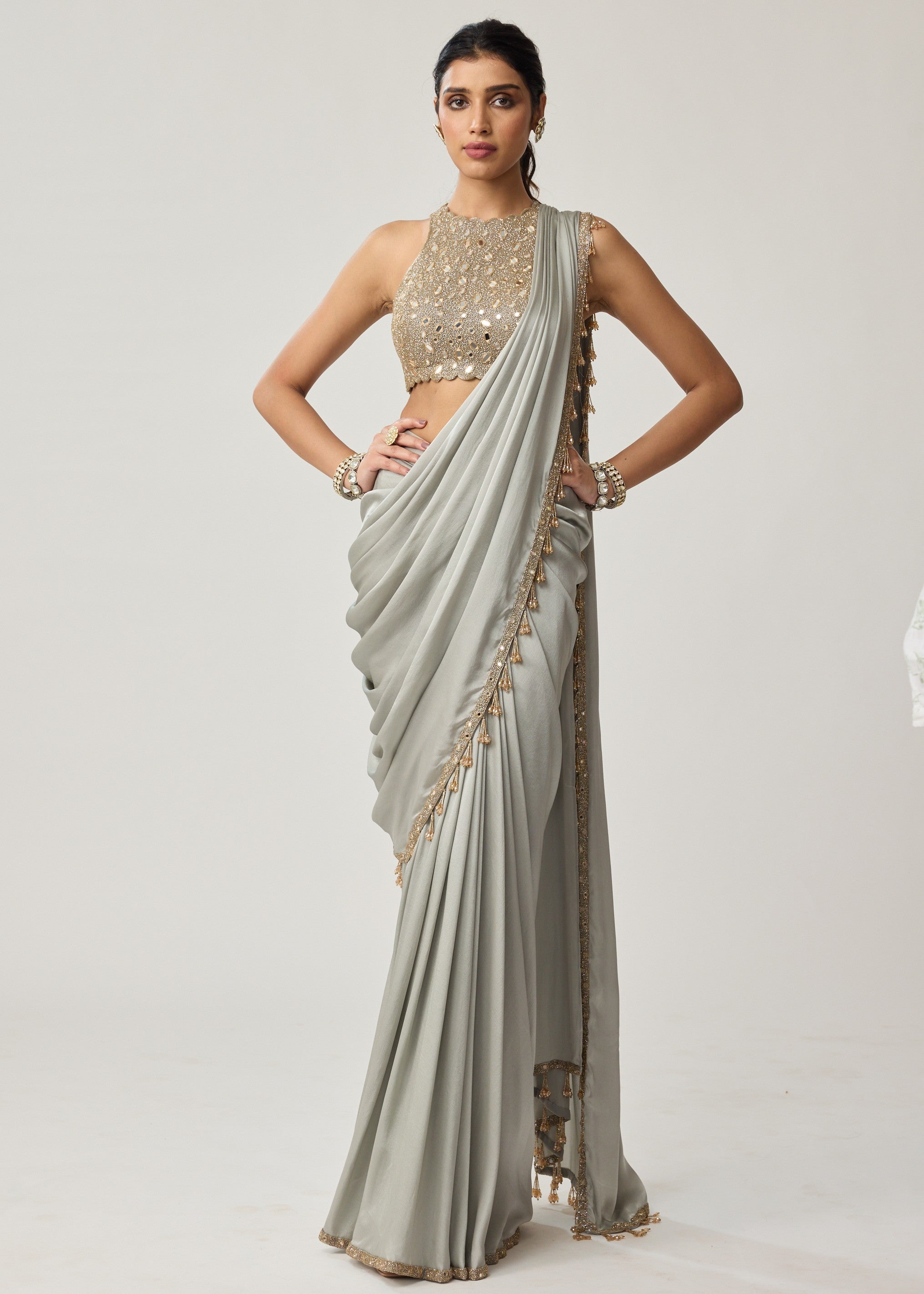 Powder Grey Mirror Satin Sari Set