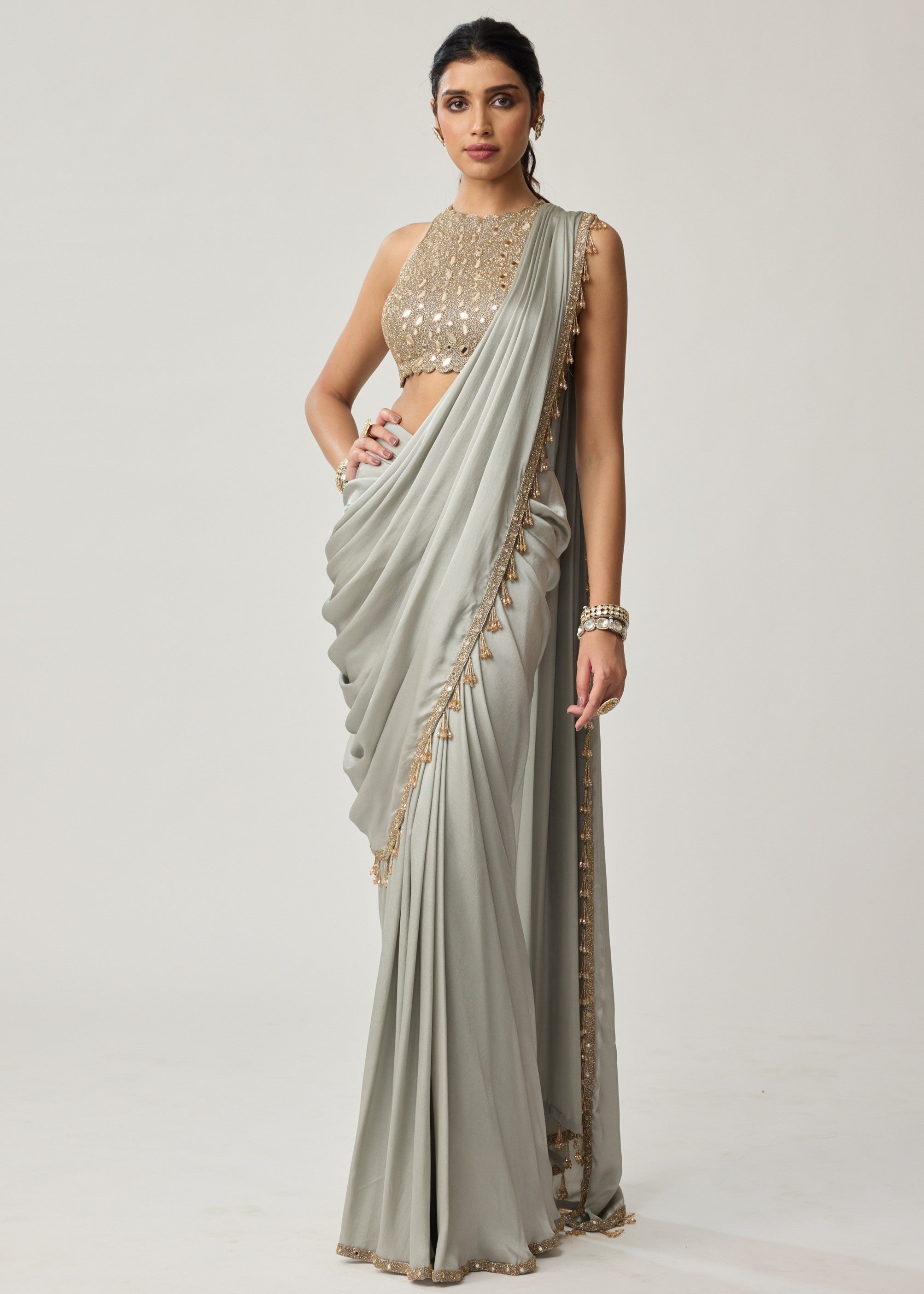 Powder Grey Mirror Satin Sari Set
