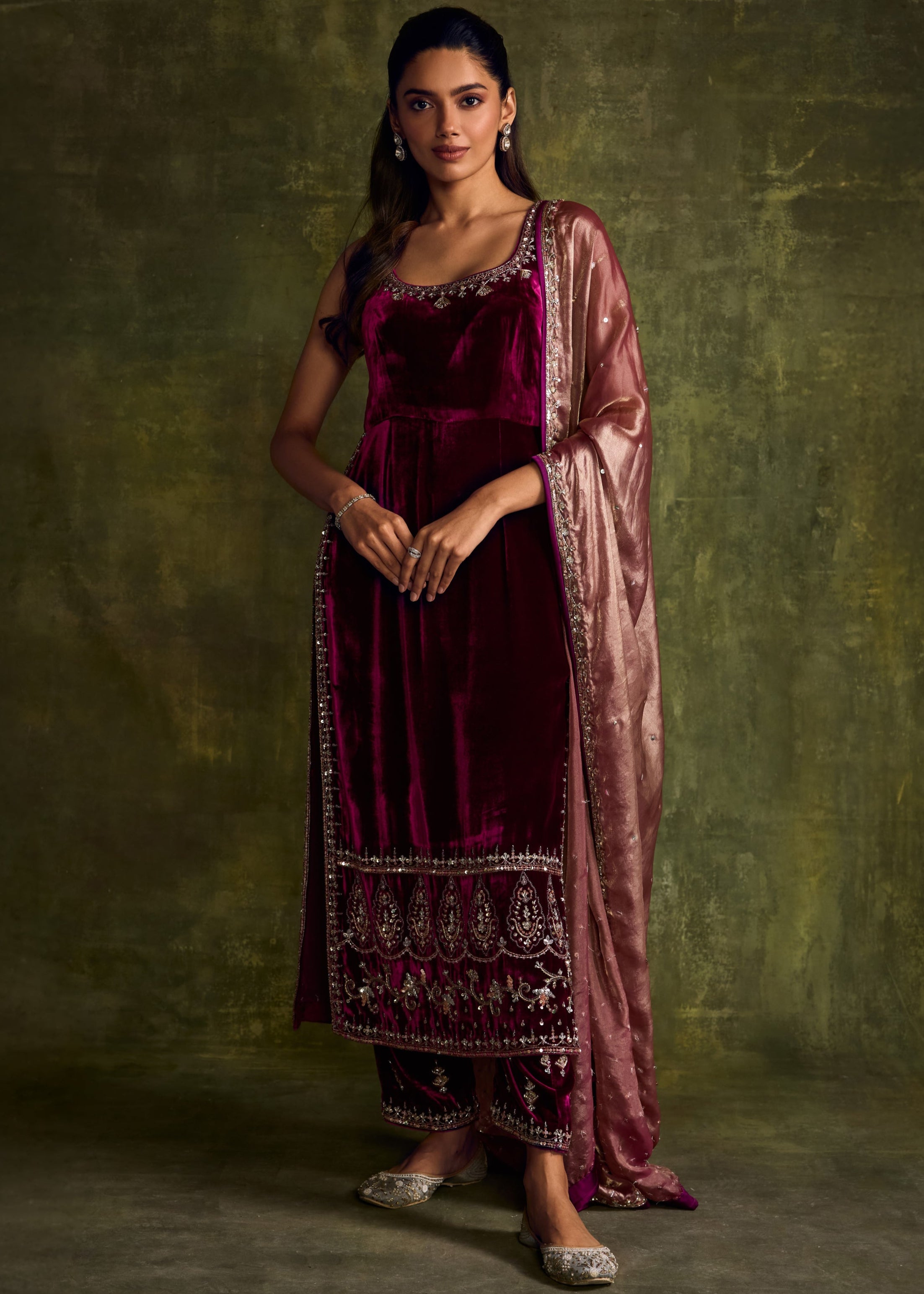 Mulberry Velvet High Slit Kurta And Pants Set