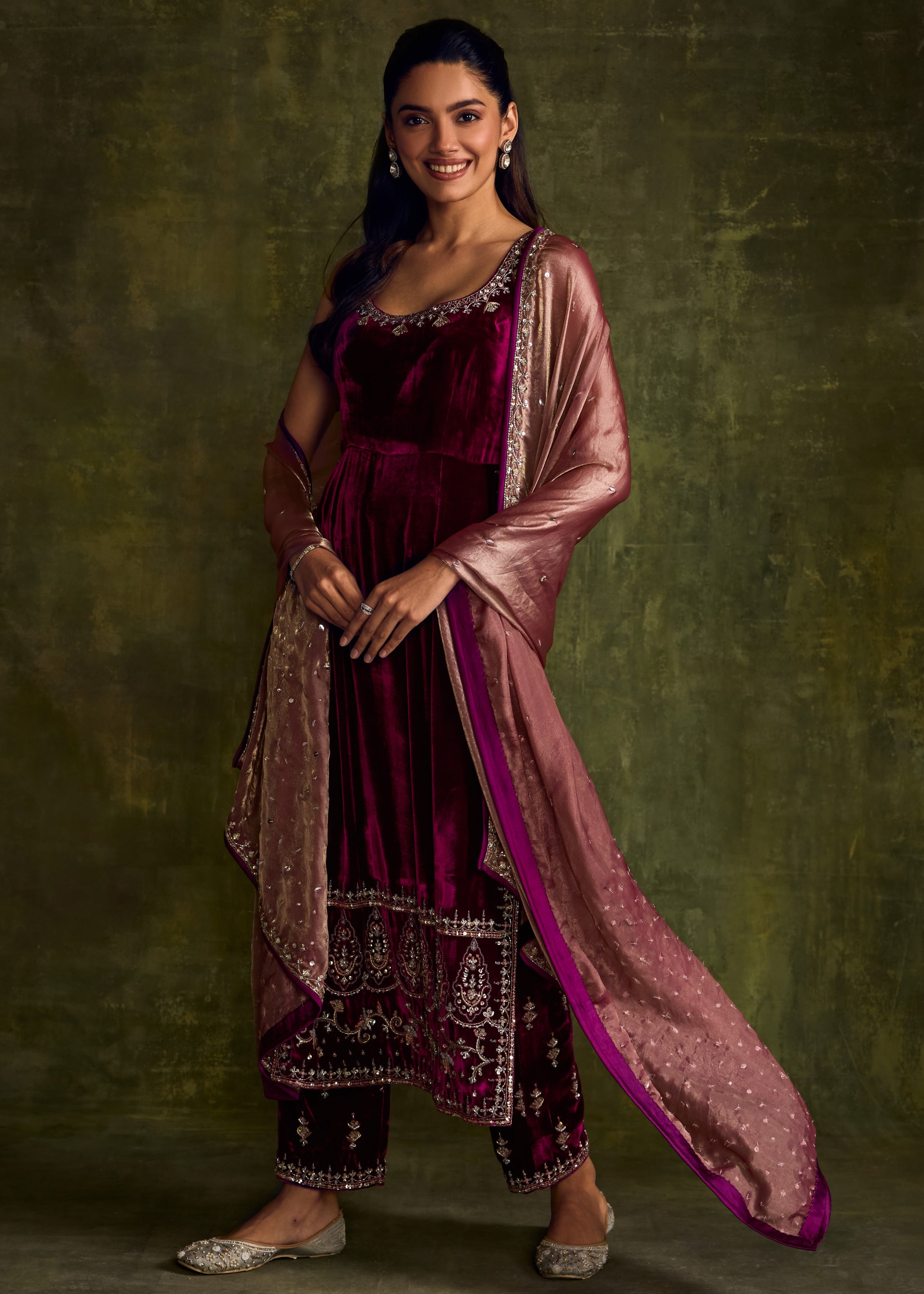 Mulberry Velvet High Slit Kurta And Pants Set