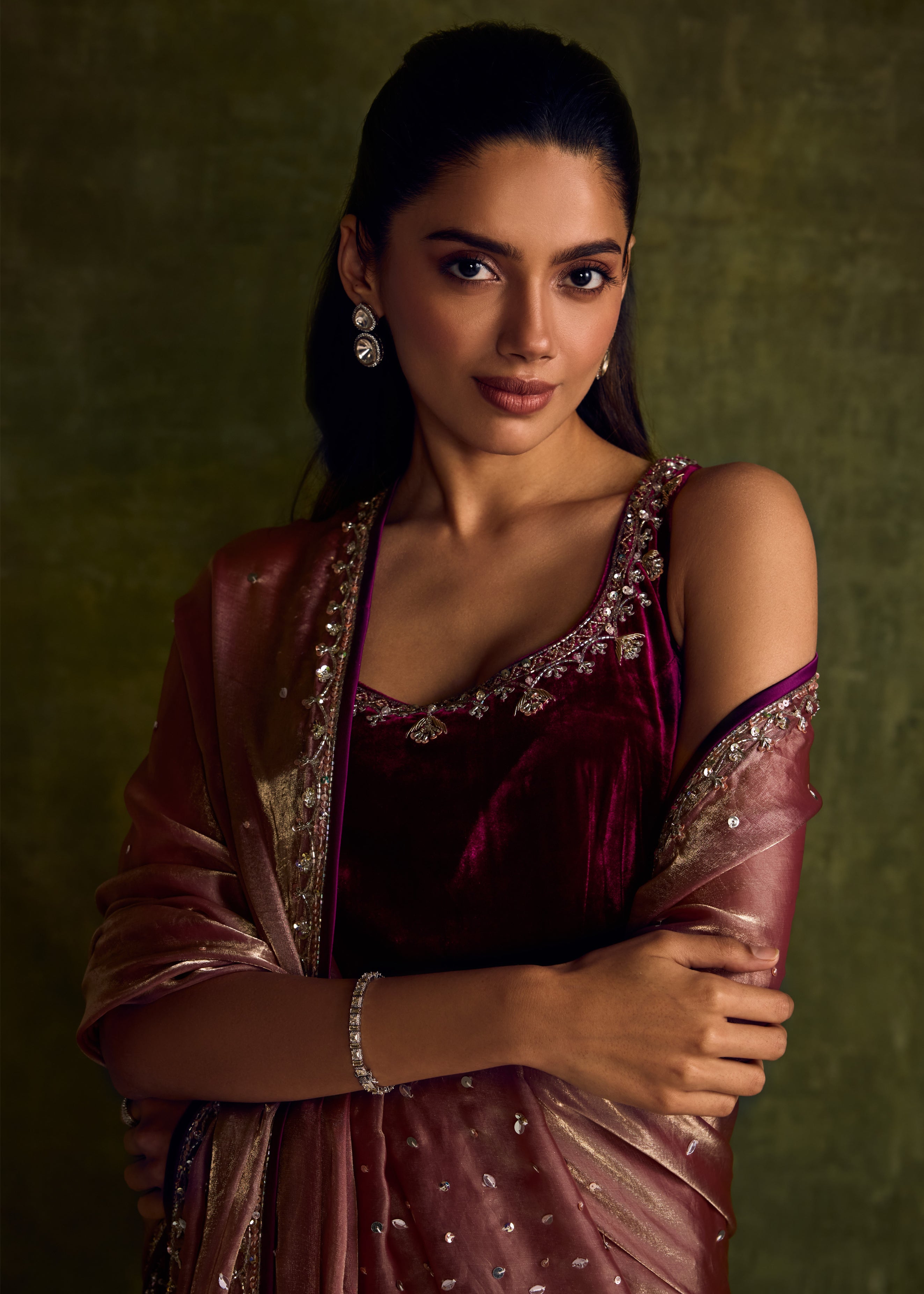Mulberry Velvet High Slit Kurta And Pants Set