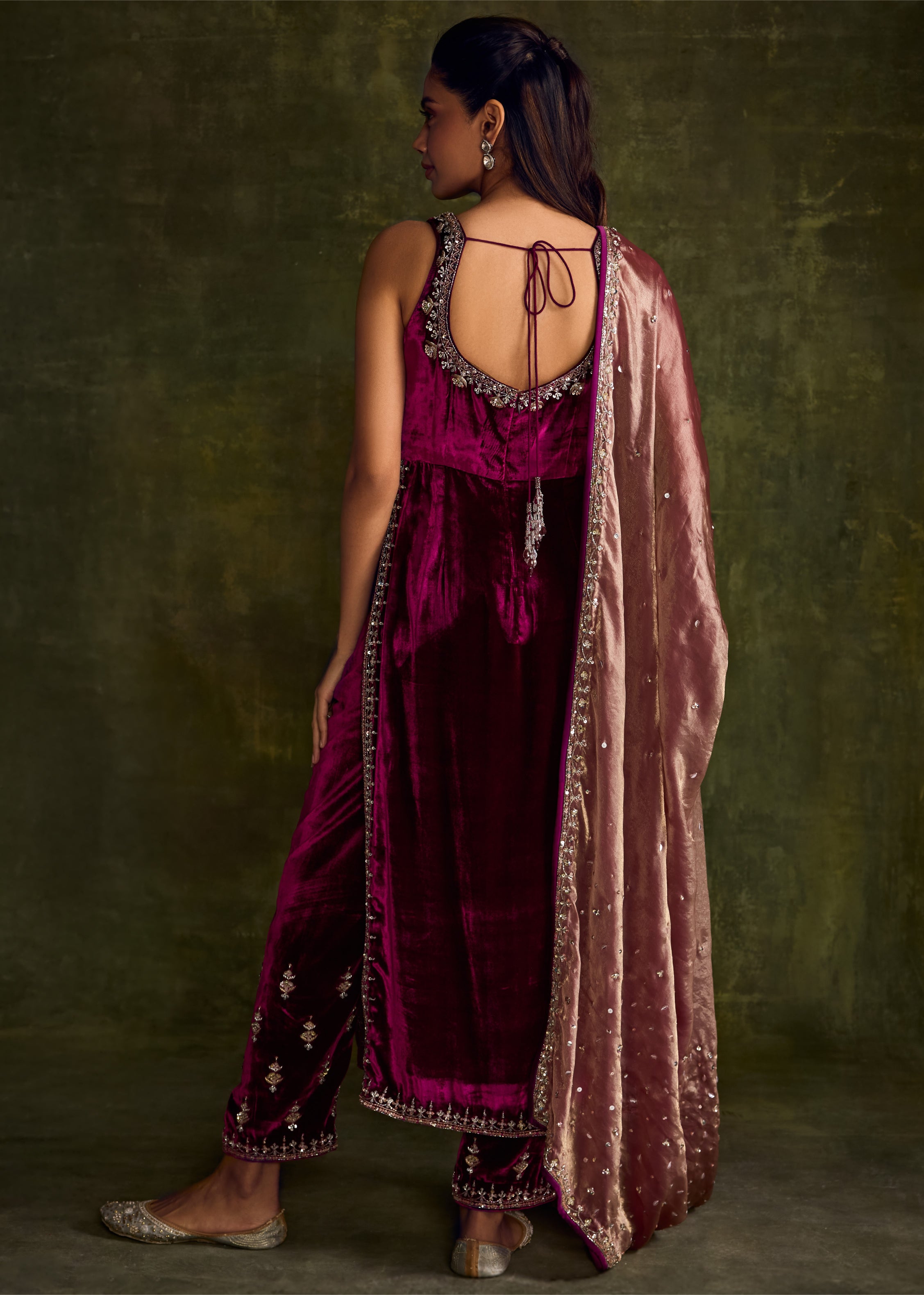 Mulberry Velvet High Slit Kurta And Pants Set