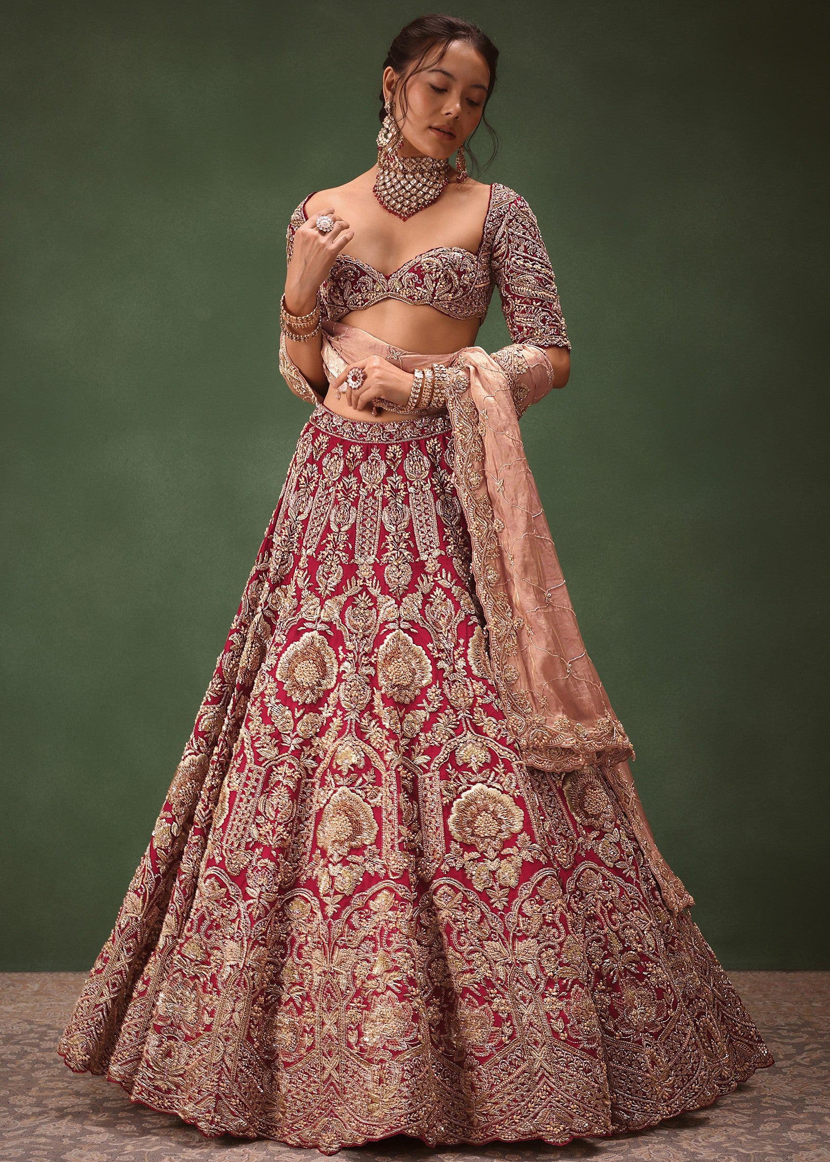 Maroon Raw Silk Hand Embroidered Bridal Lehenga