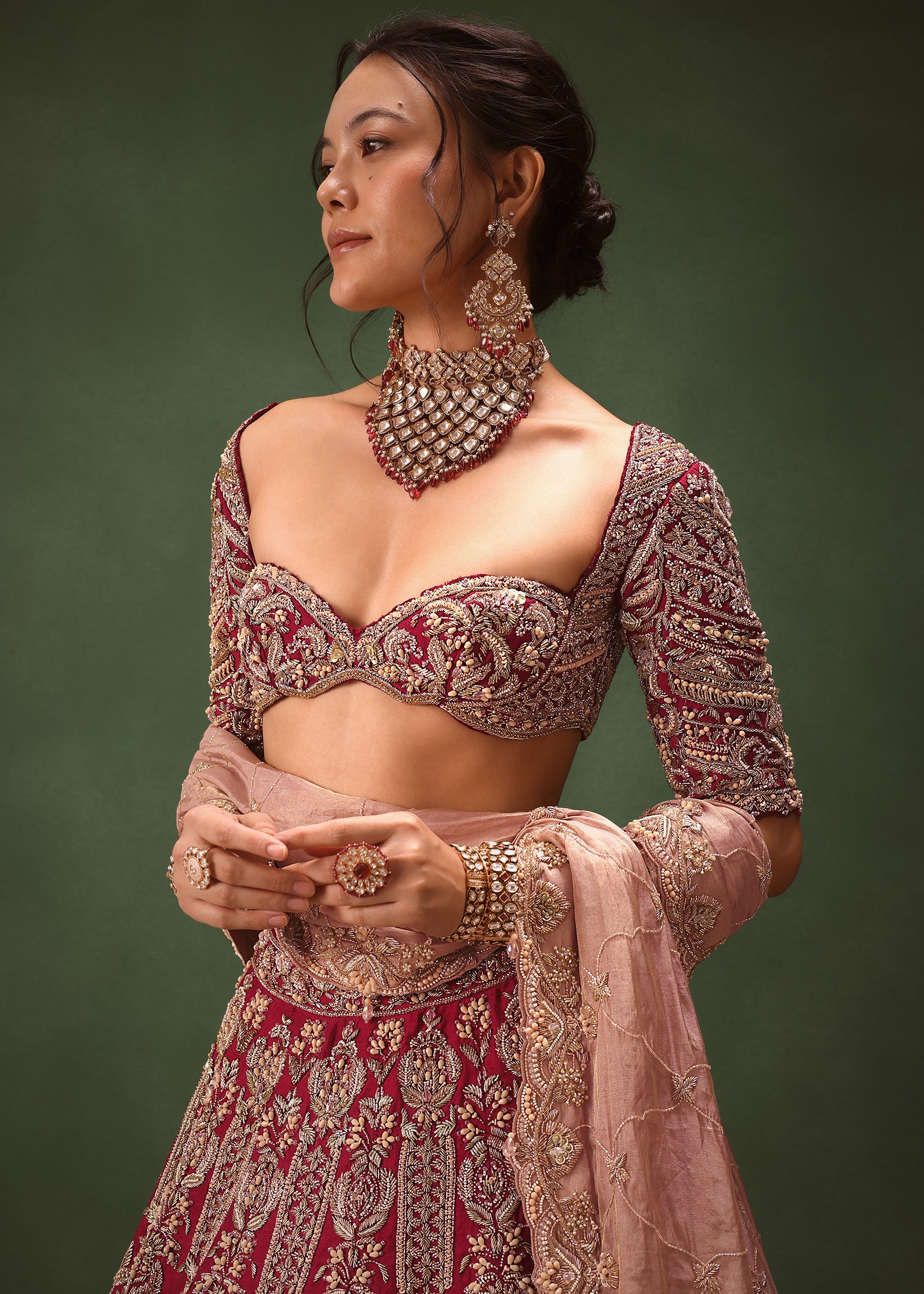 Maroon Raw Silk Hand Embroidered Bridal Lehenga