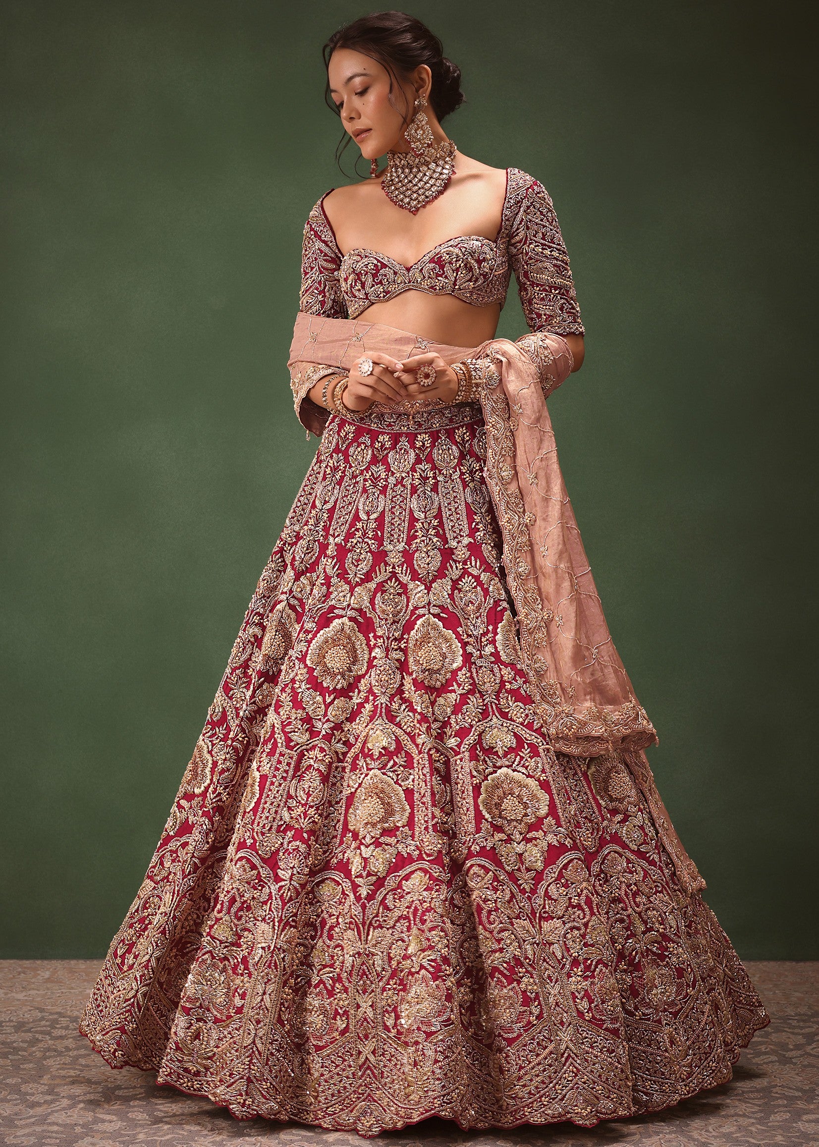 Maroon Raw Silk Hand Embroidered Bridal Lehenga