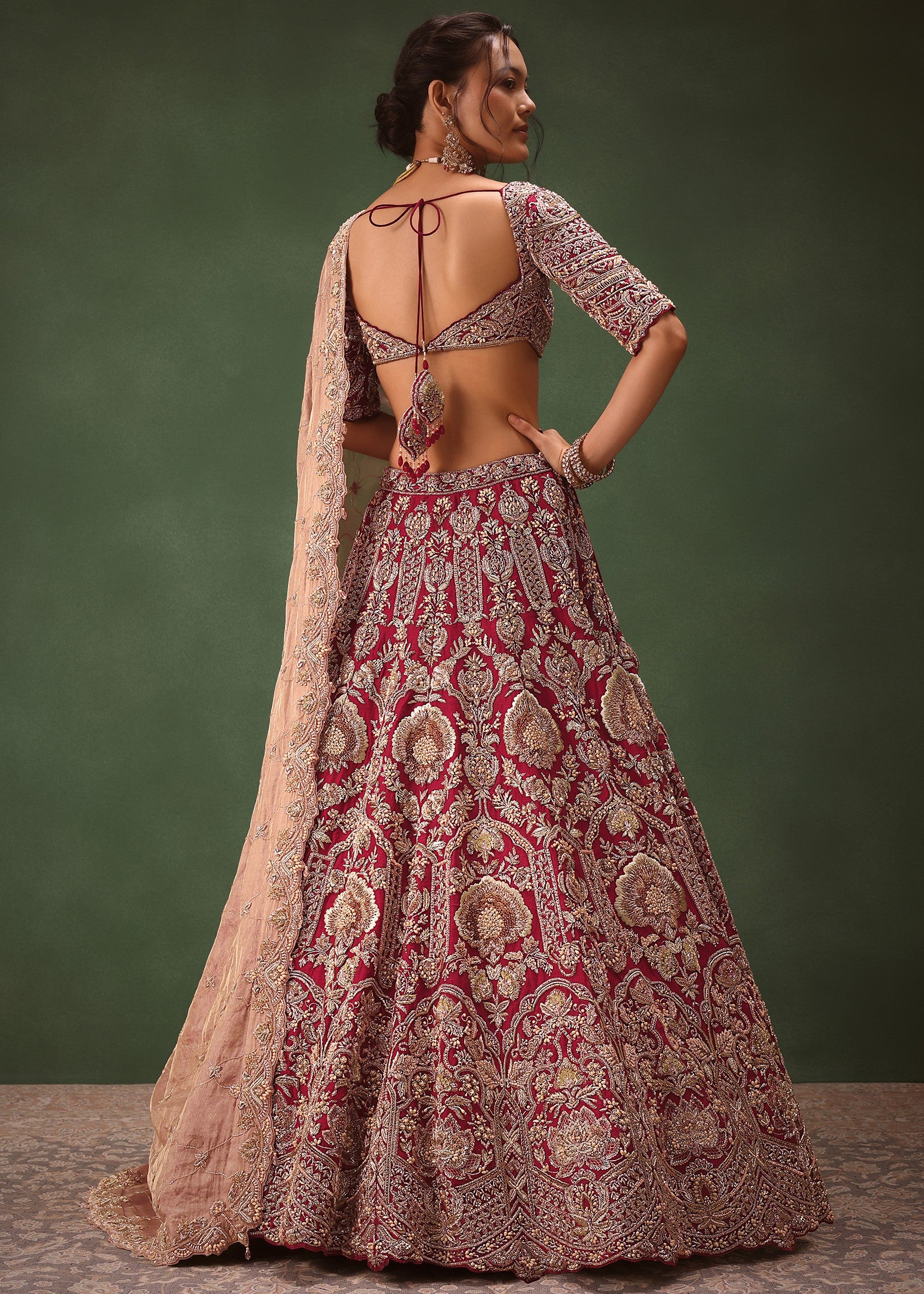 Maroon Raw Silk Hand Embroidered Bridal Lehenga