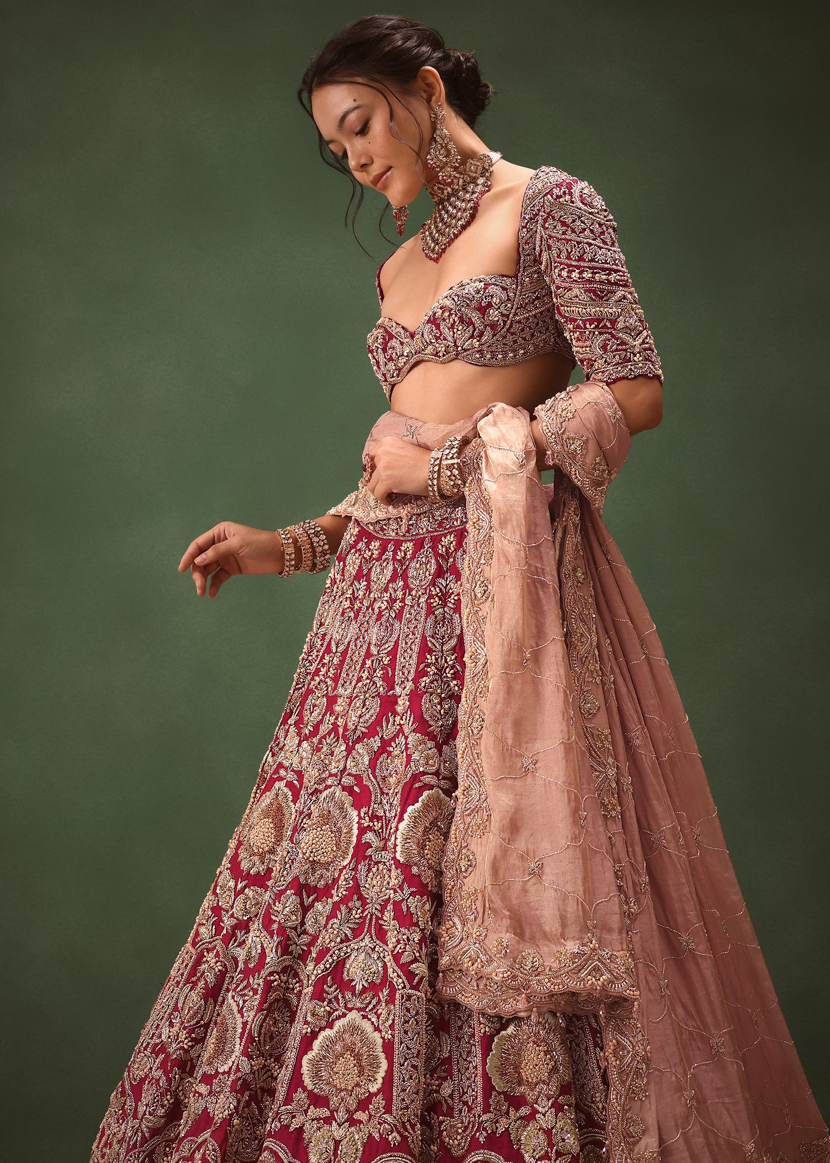 Maroon Raw Silk Hand Embroidered Bridal Lehenga