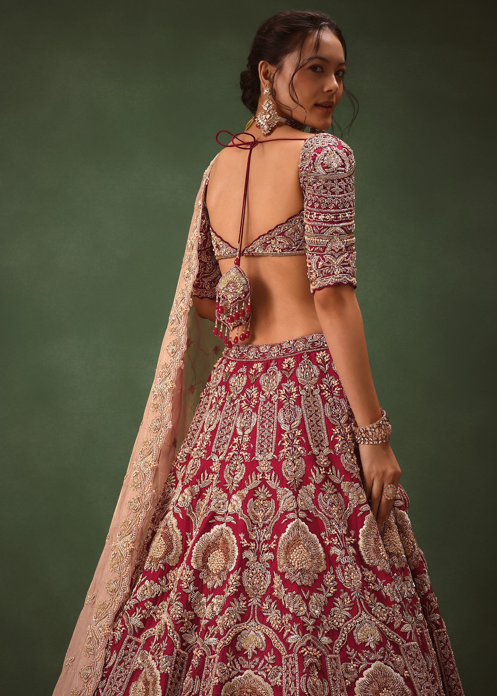 Maroon Raw Silk Hand Embroidered Bridal Lehenga