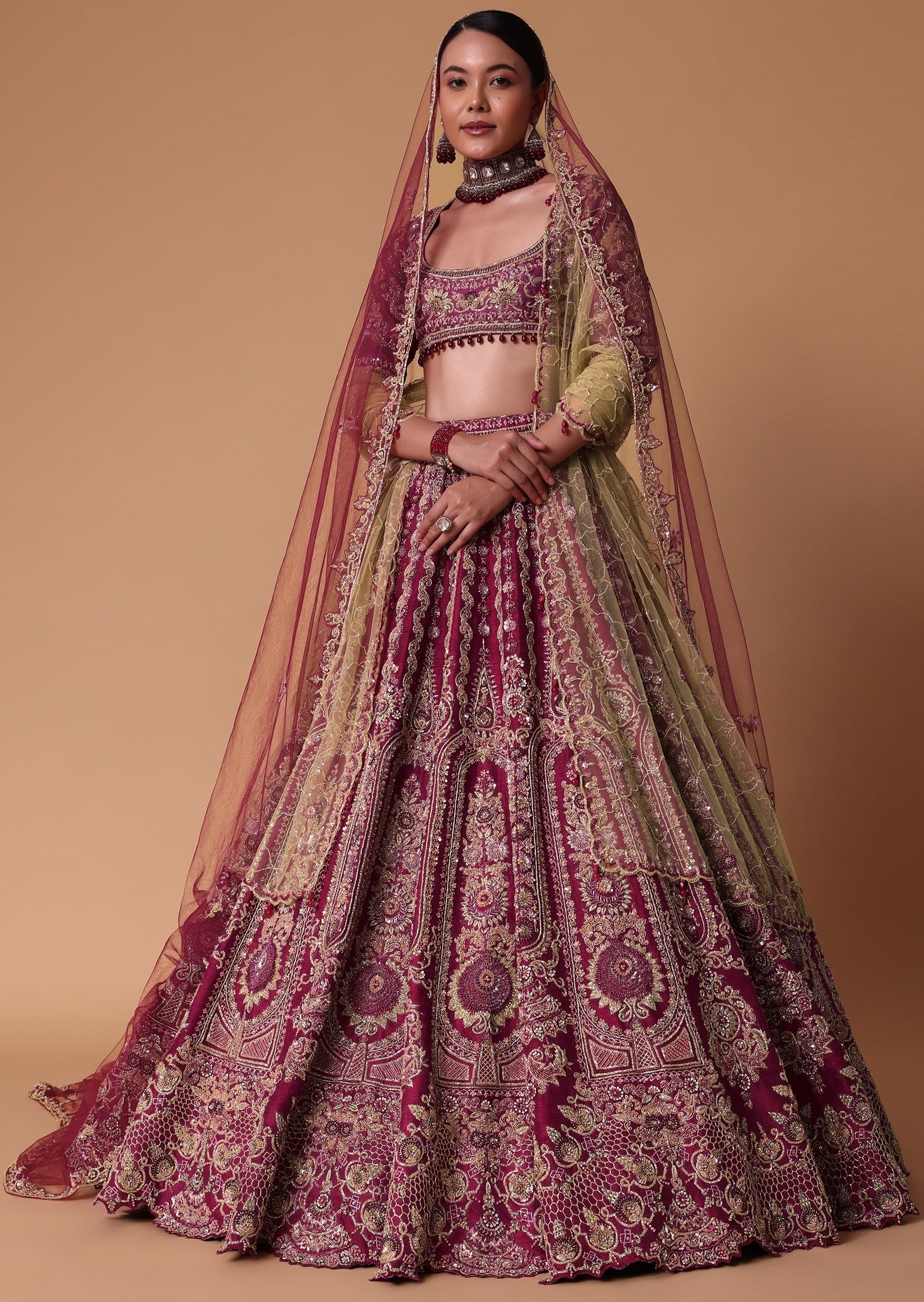 Red Raw Silk Lehenga Set with Cutout Back Velvet Blouse