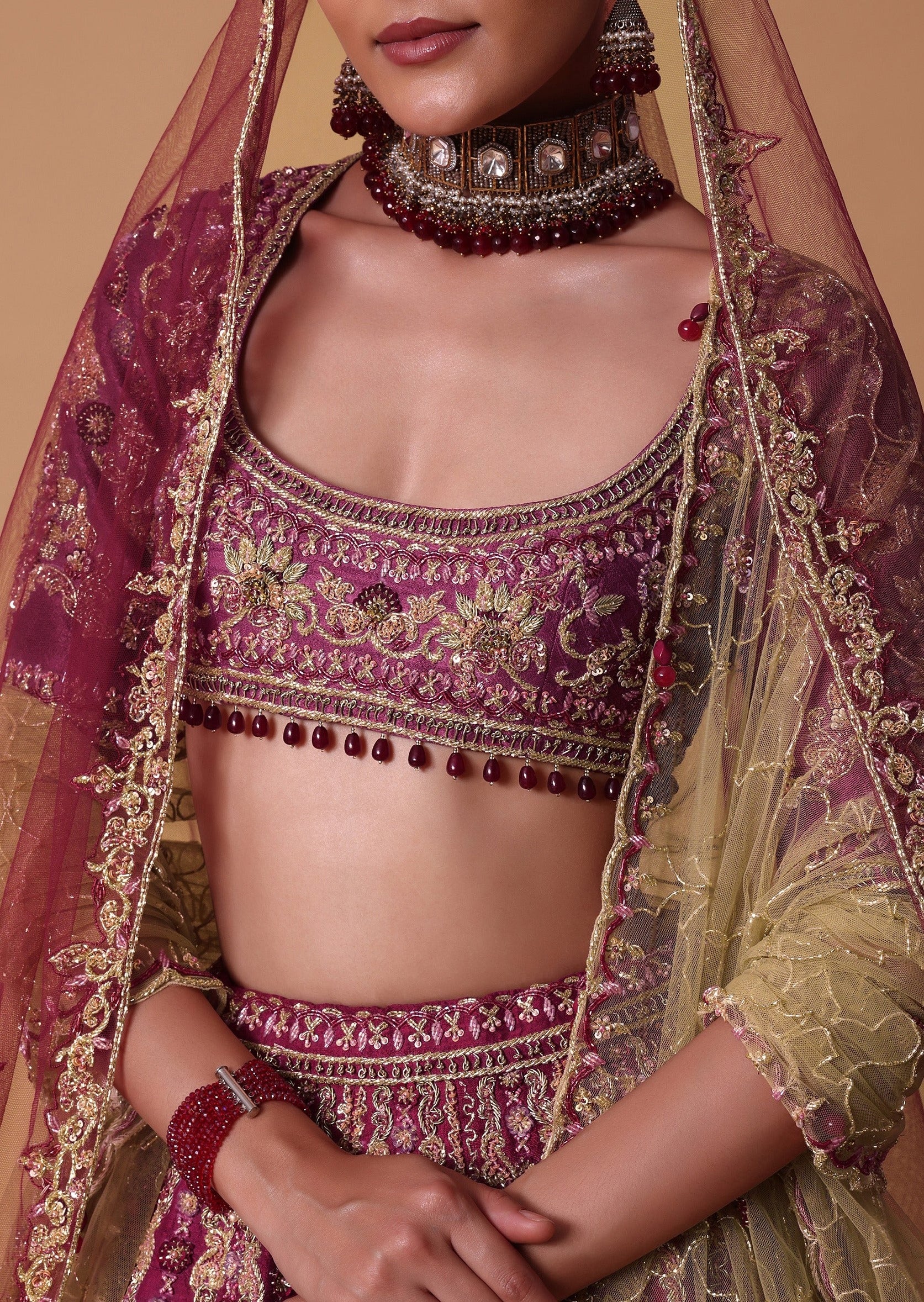 Red Raw Silk Lehenga Set with Cutout Back Velvet Blouse