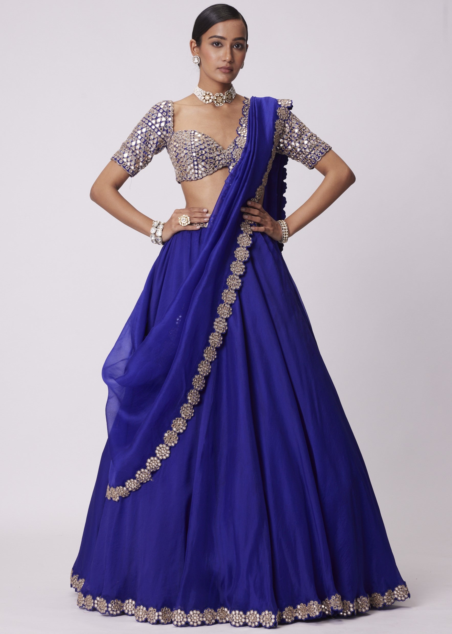 Persian Blue Organza Hand Embroidered Lehenga Set
