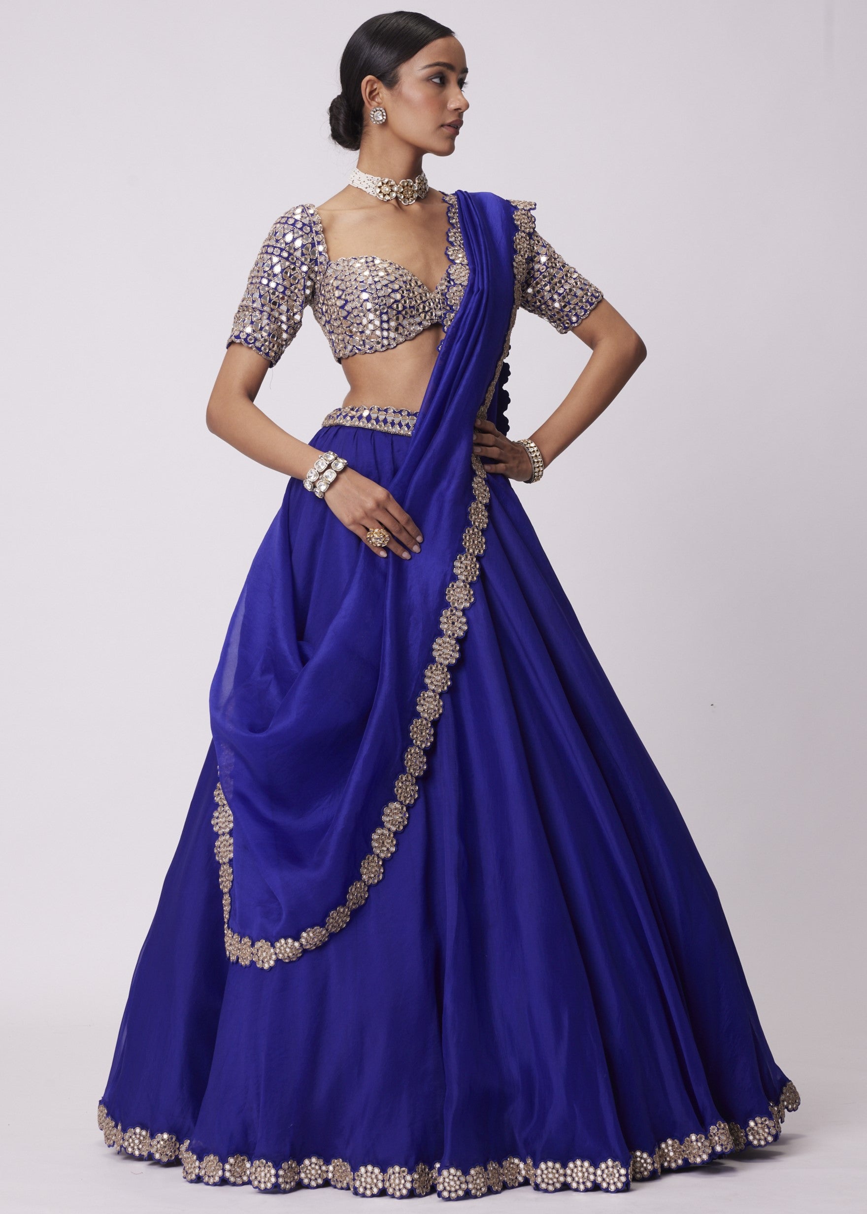 Persian Blue Organza Hand Embroidered Lehenga Set