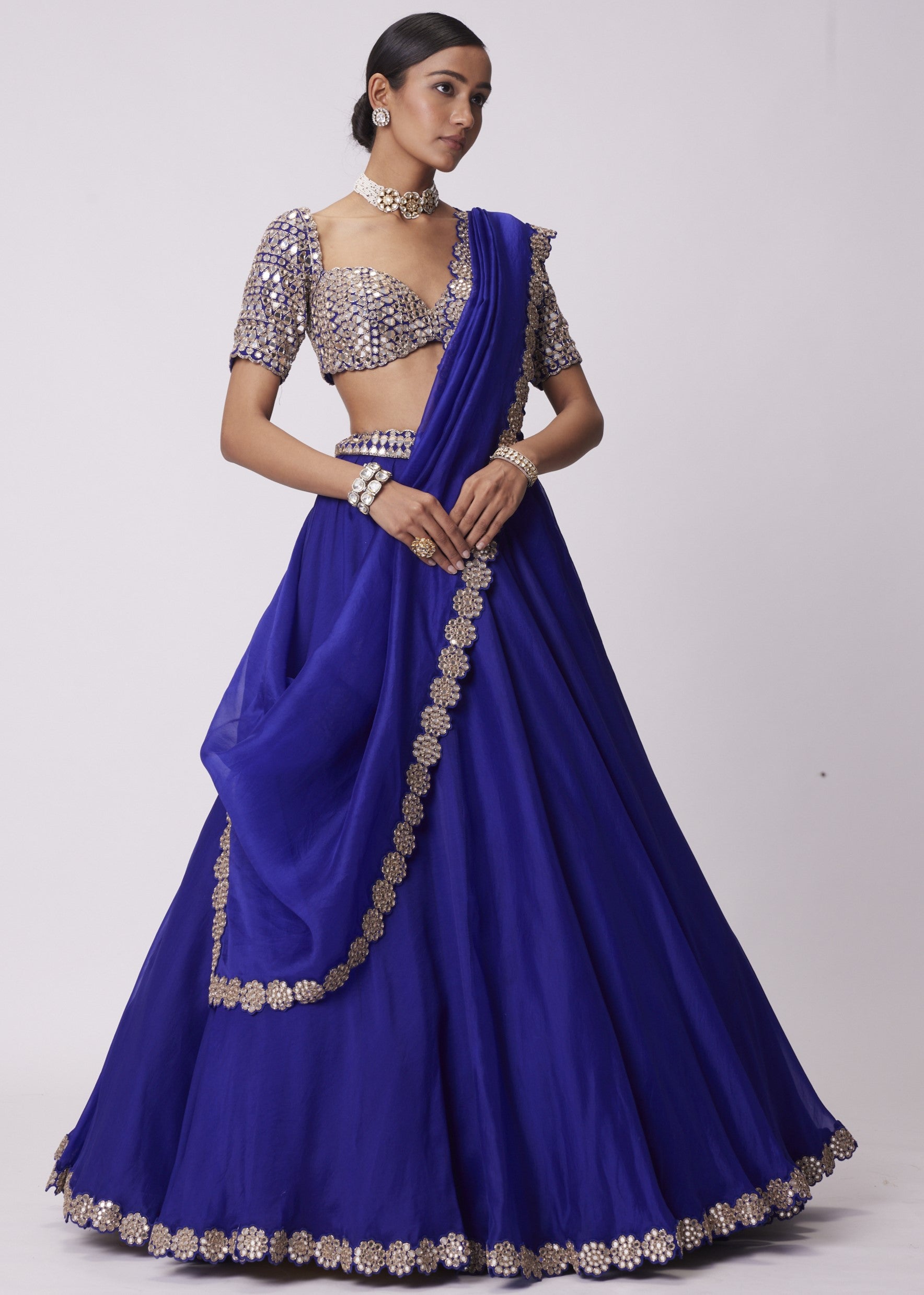 Persian Blue Organza Hand Embroidered Lehenga Set