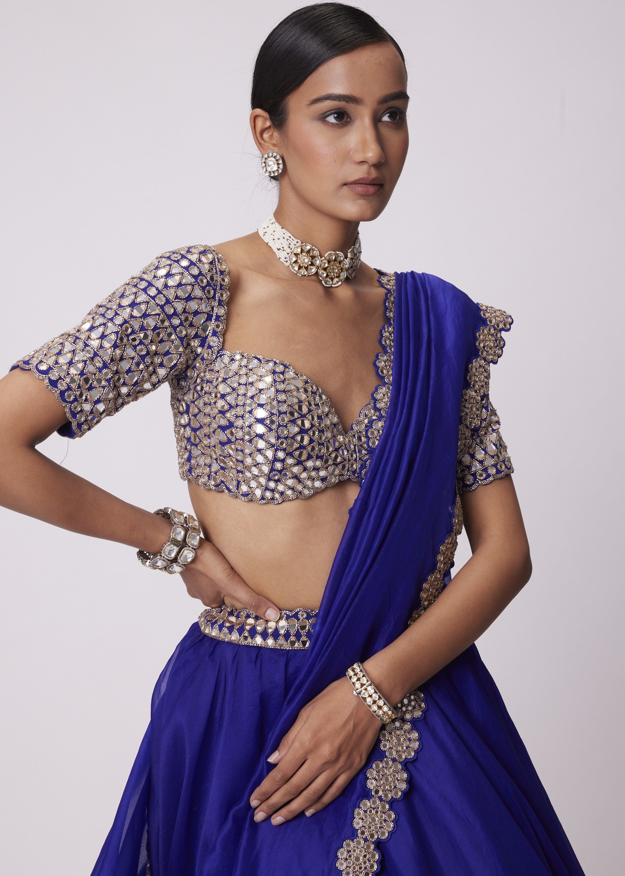 Persian Blue Organza Hand Embroidered Lehenga Set
