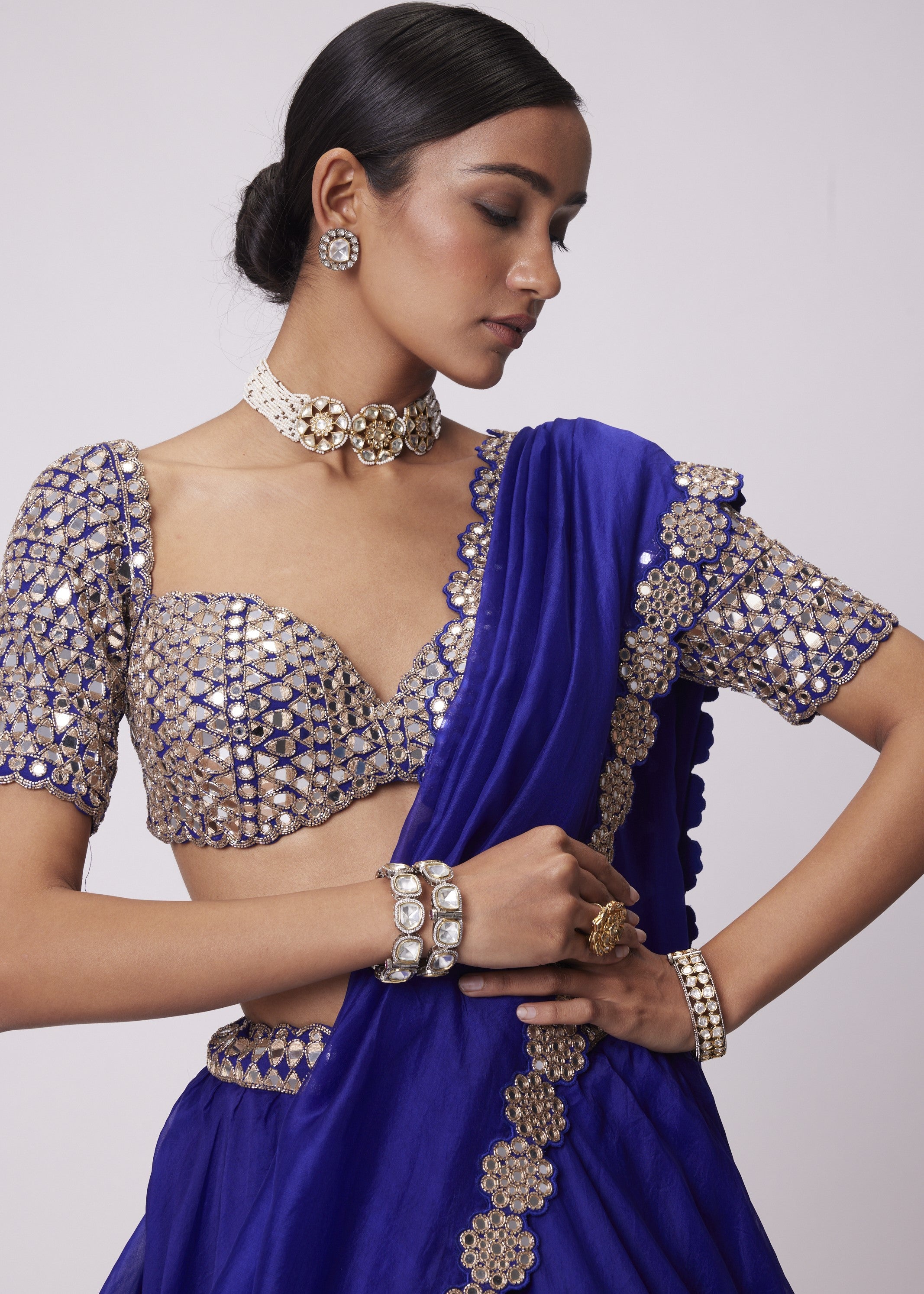 Persian Blue Organza Hand Embroidered Lehenga Set