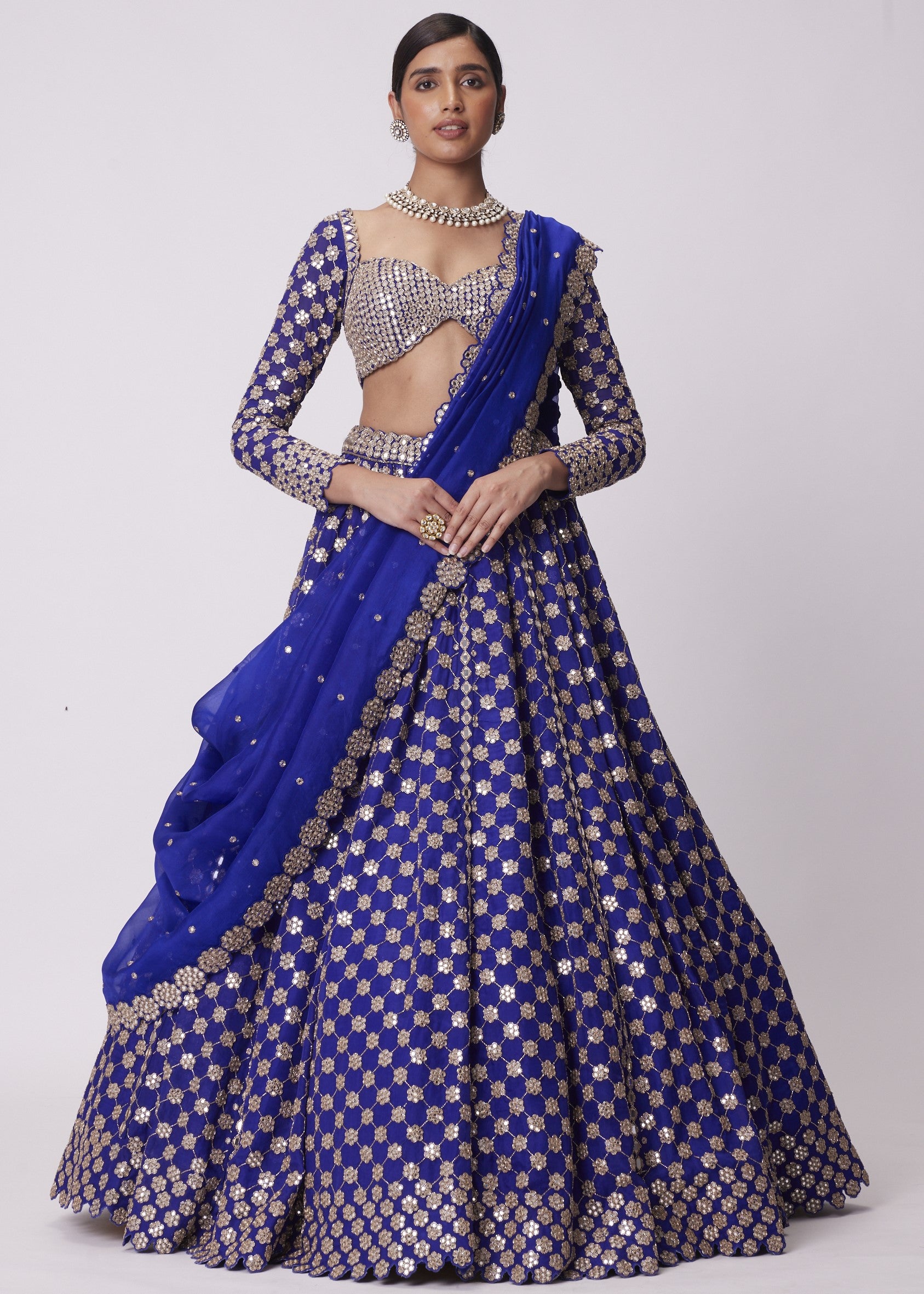 Persian Blue Mirror Flower Hand Embroidered Lehenga