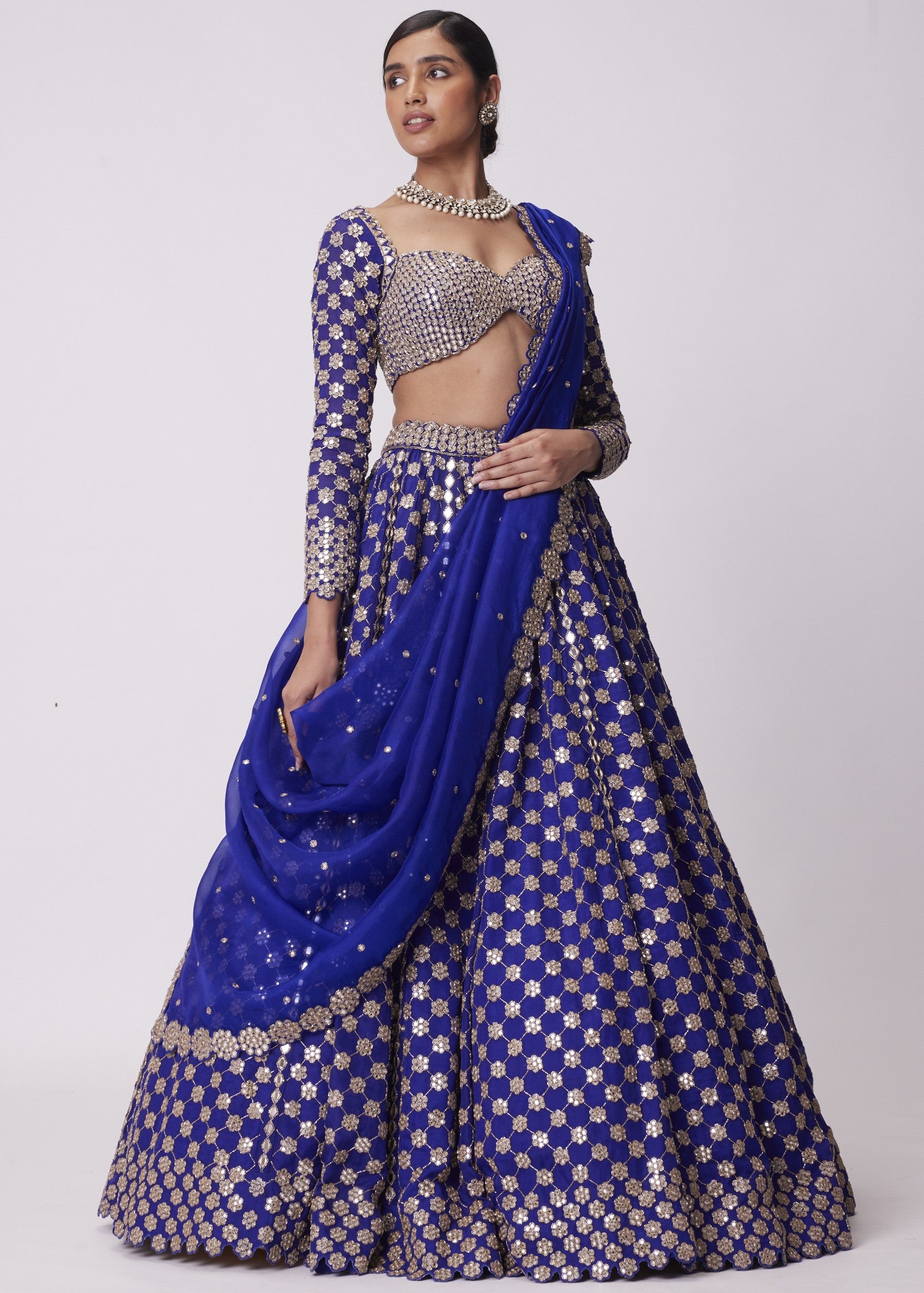 Persian Blue Mirror Flower Hand Embroidered Lehenga