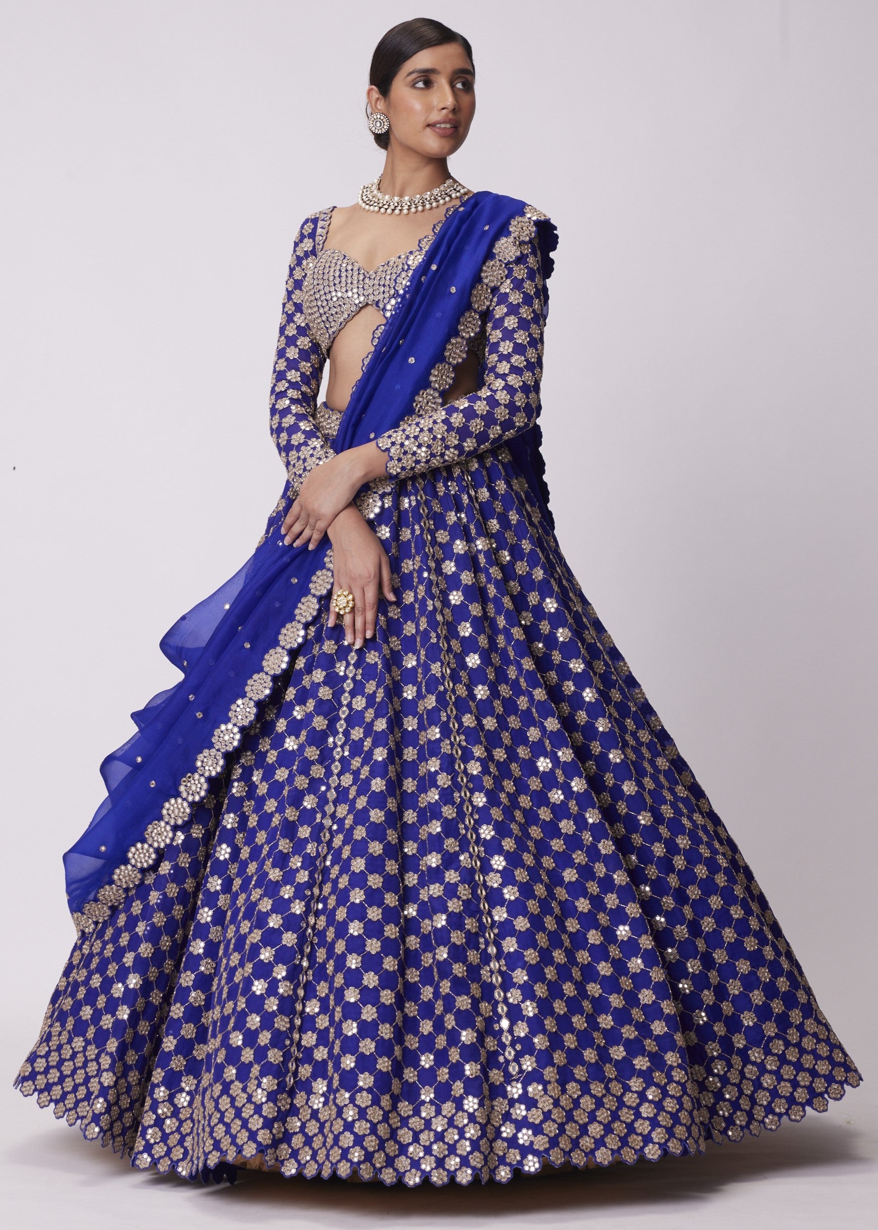 Persian Blue Mirror Flower Hand Embroidered Lehenga