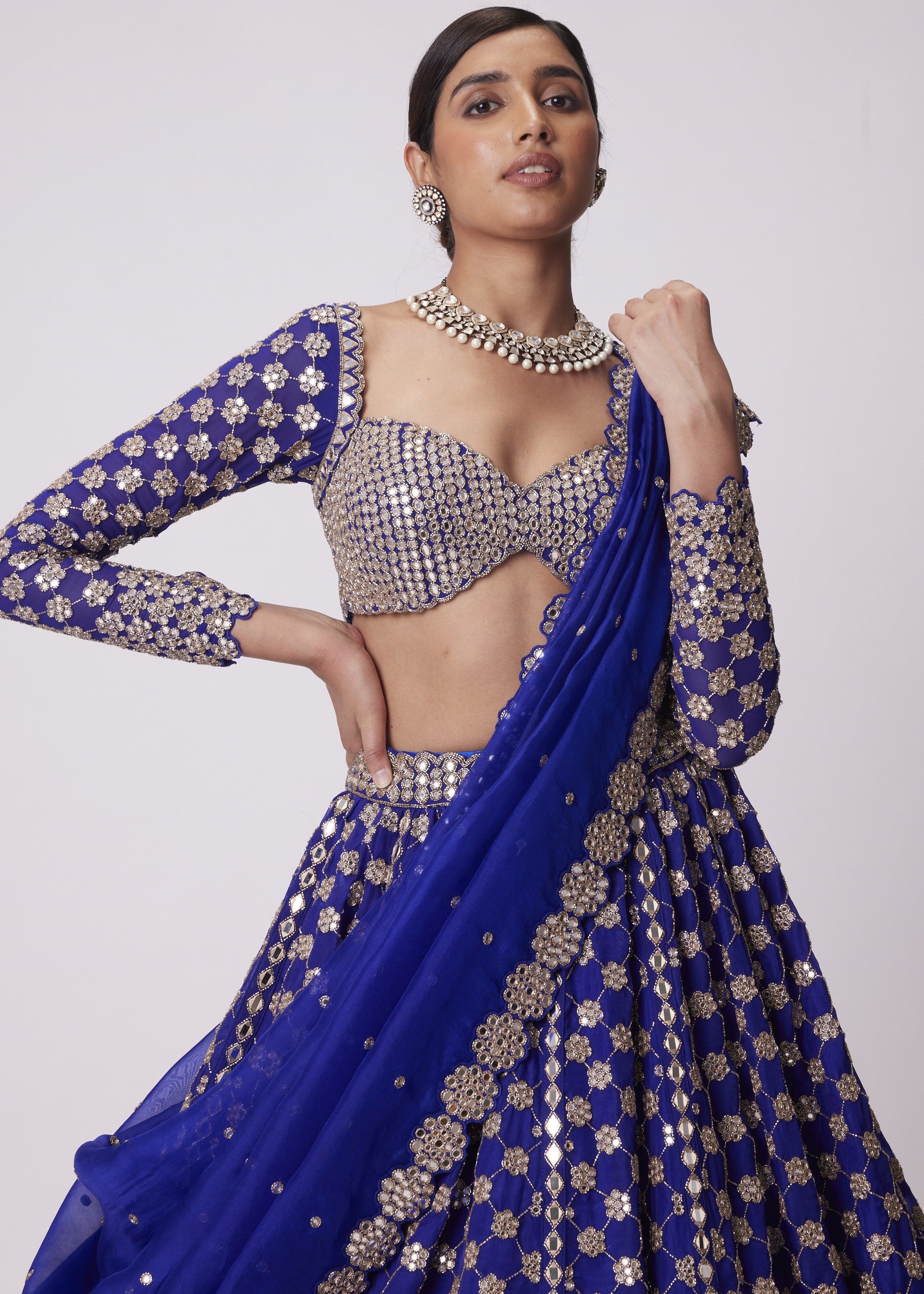 Persian Blue Mirror Flower Hand Embroidered Lehenga