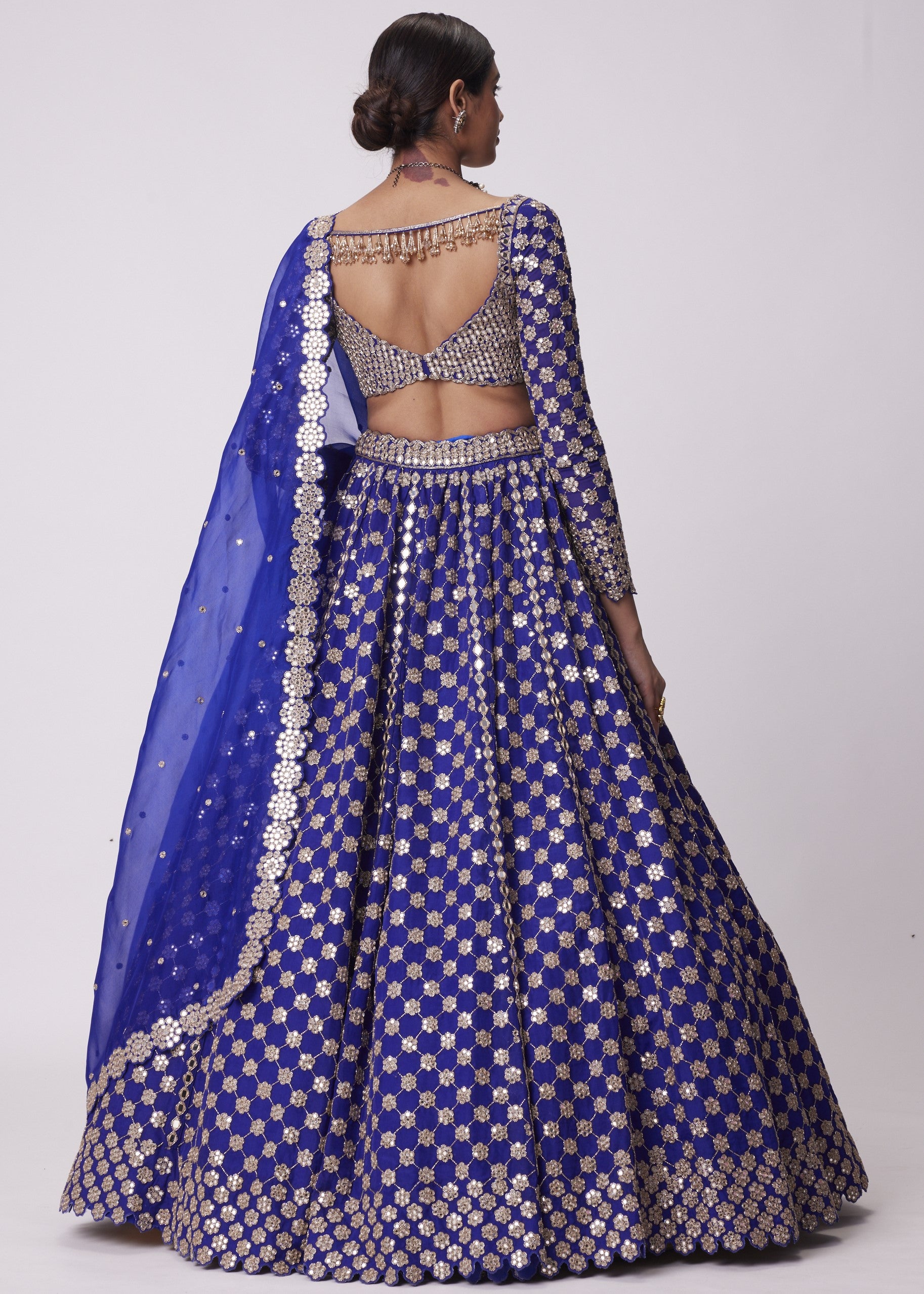 Persian Blue Mirror Flower Hand Embroidered Lehenga