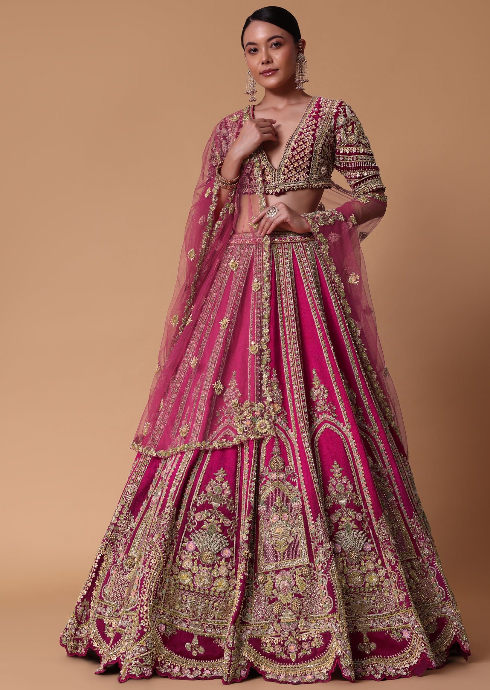 Maroon Silk Velvet 16 Kali Lehenga Set