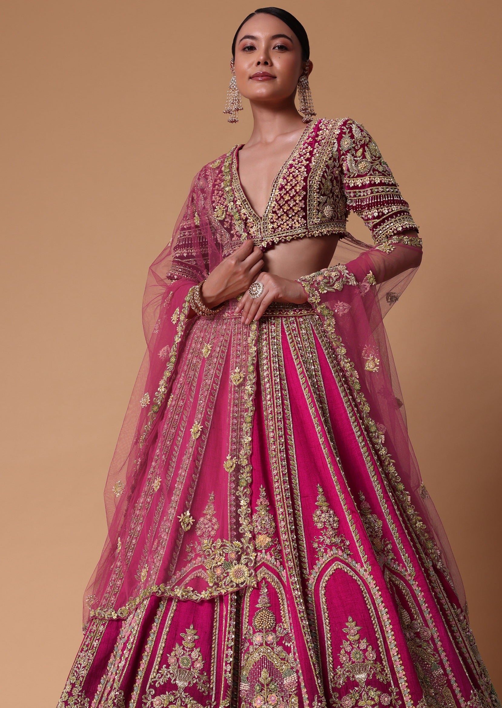 Maroon Silk Velvet 16 Kali Lehenga Set