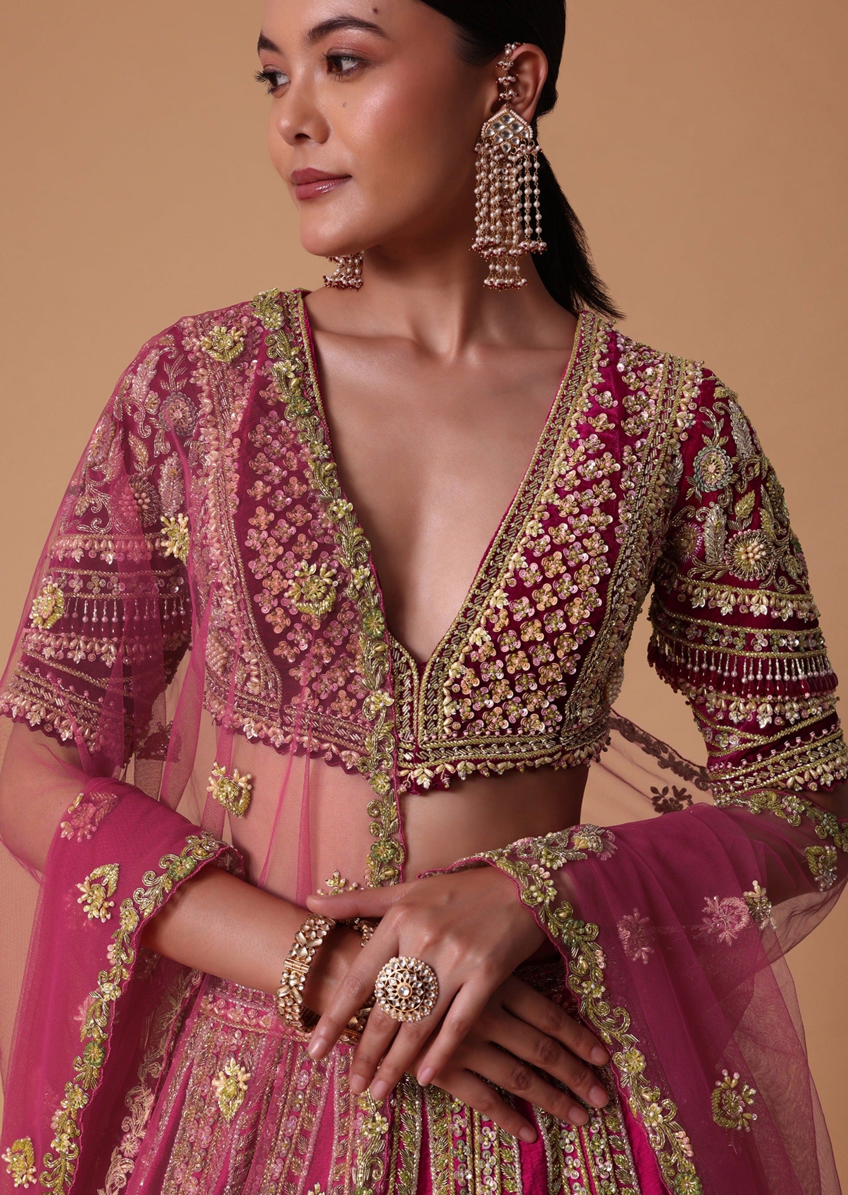 Maroon Silk Velvet 16 Kali Lehenga Set