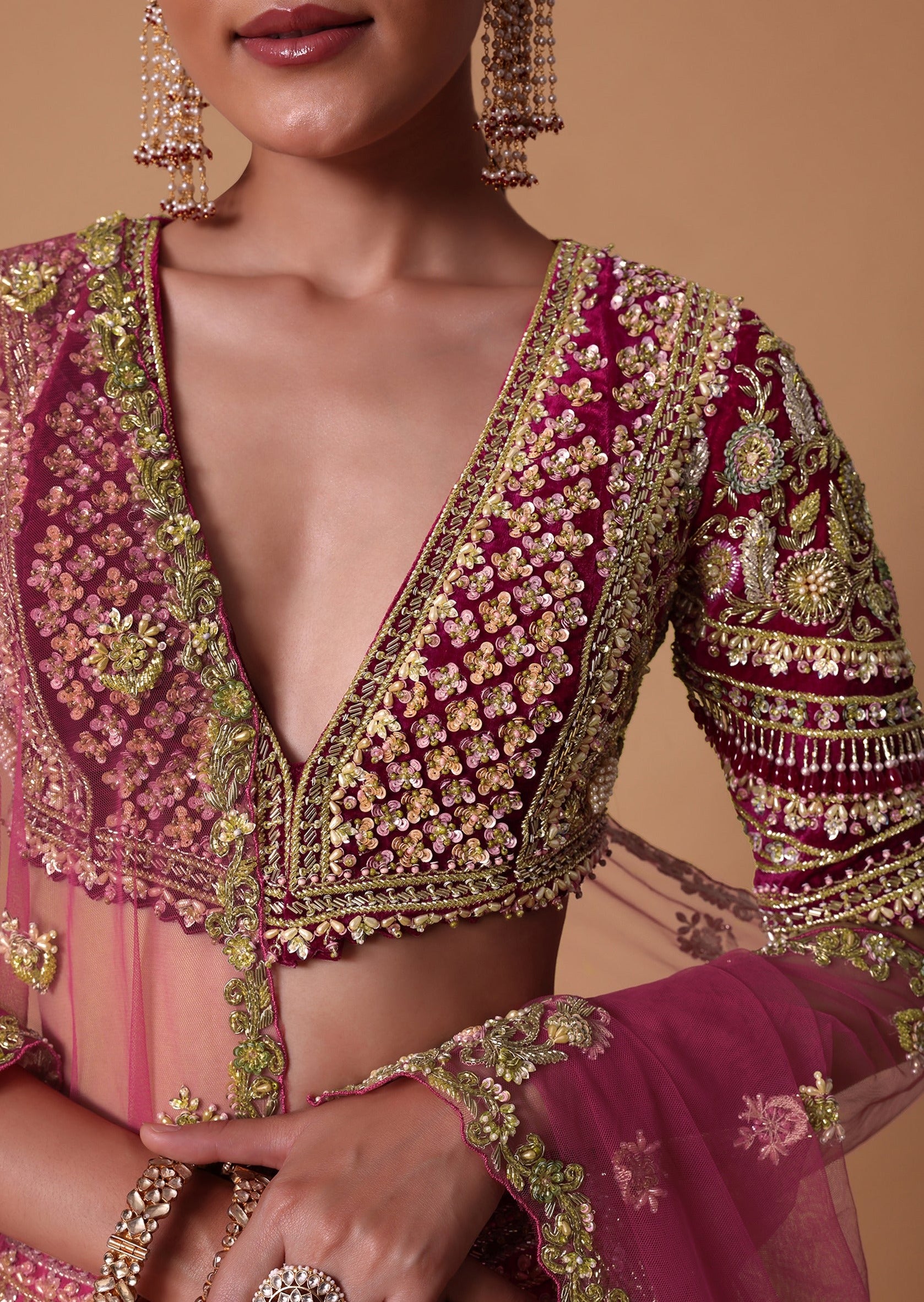 Maroon Silk Velvet 16 Kali Lehenga Set