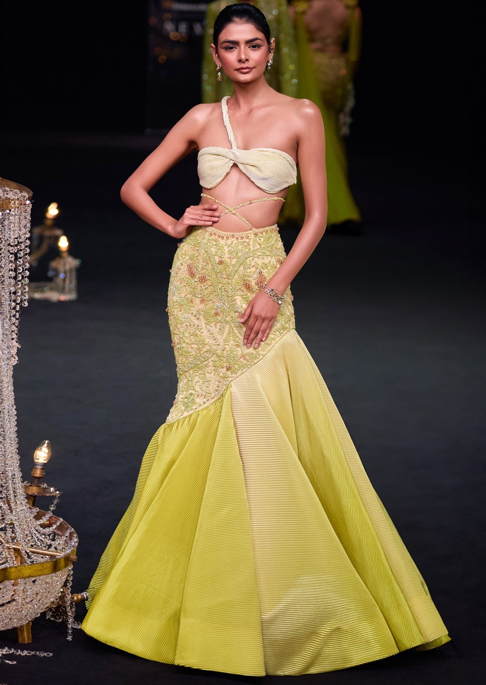 Citrus Green Pre Pleated Fish Cut Skirt Set