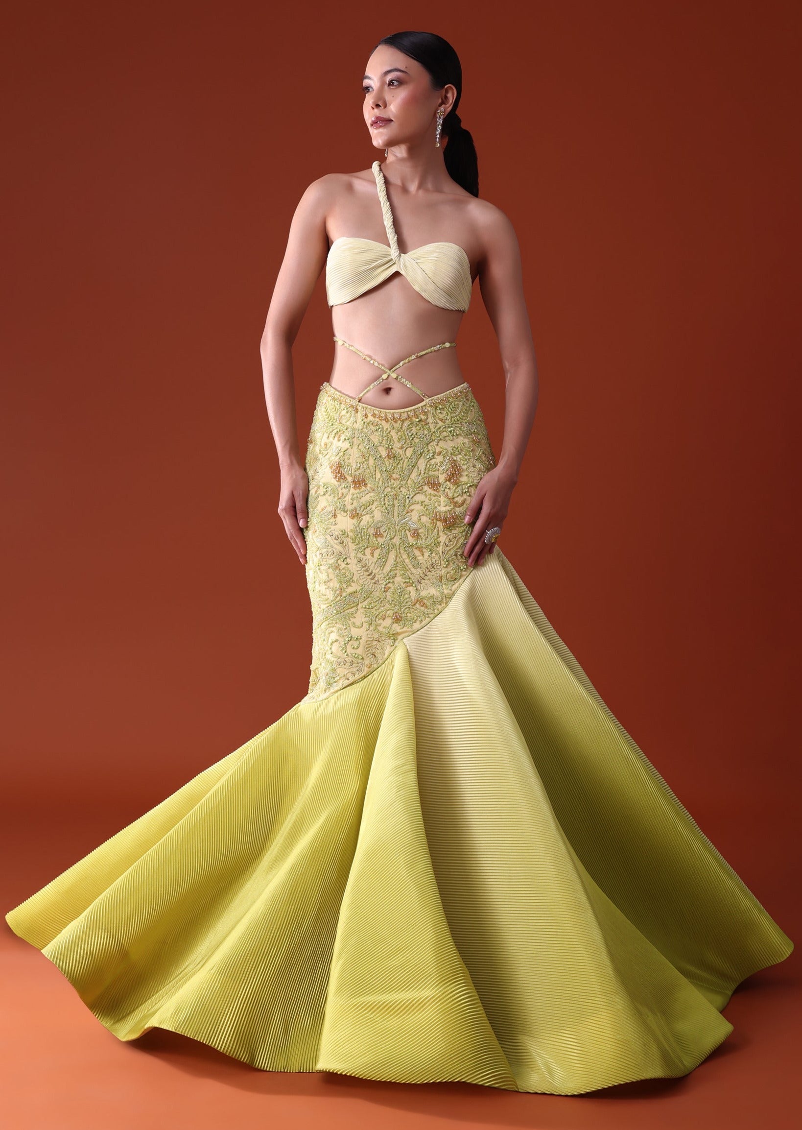 Citrus Green Pre Pleated Fish Cut Skirt Set