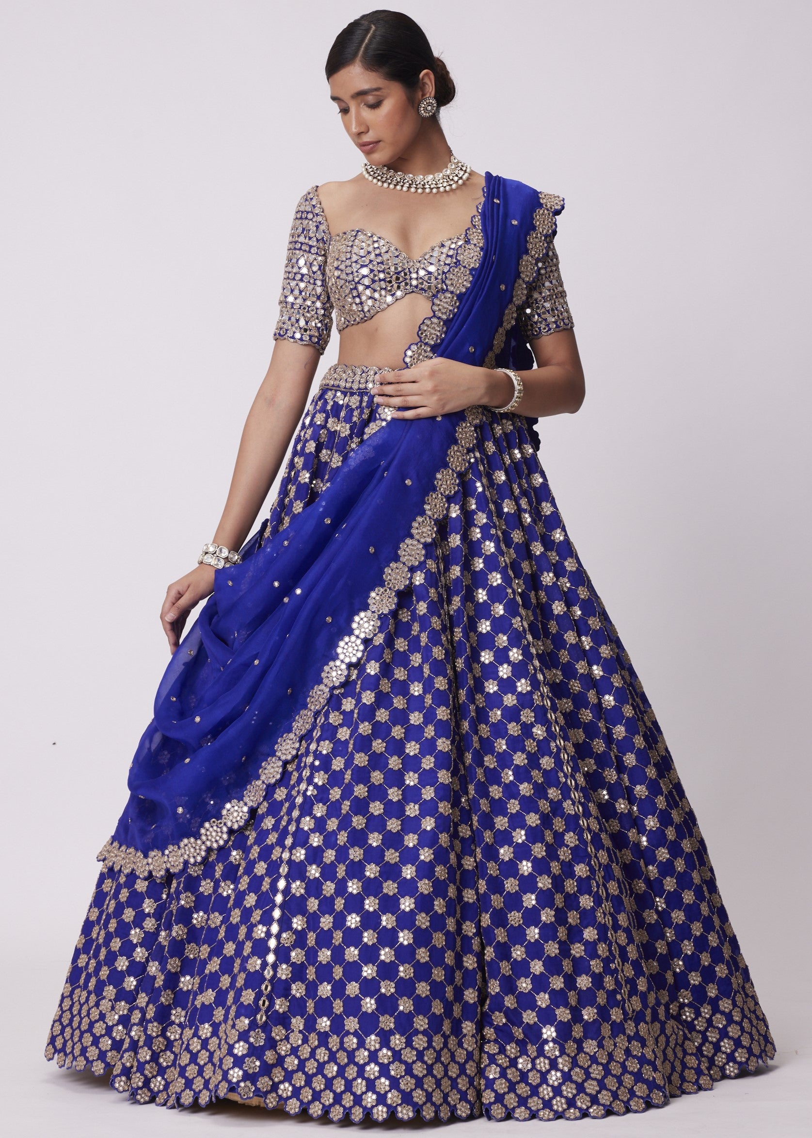 Persian Blue Mirror Flower Embroidered Lehenga Set