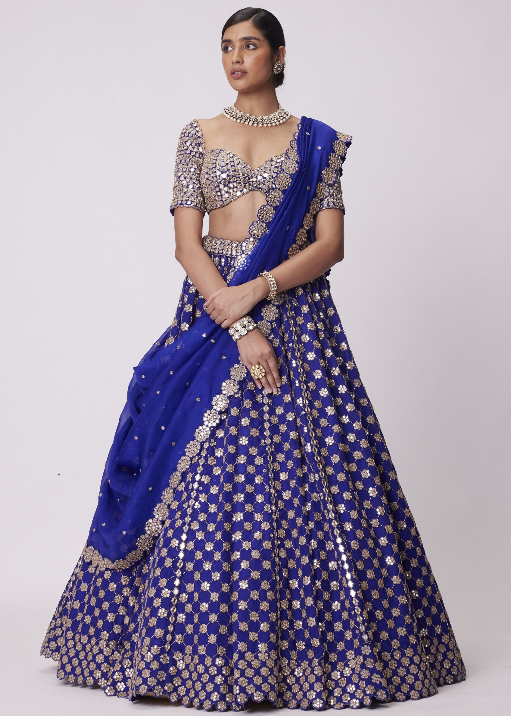 Persian Blue Mirror Flower Embroidered Lehenga Set