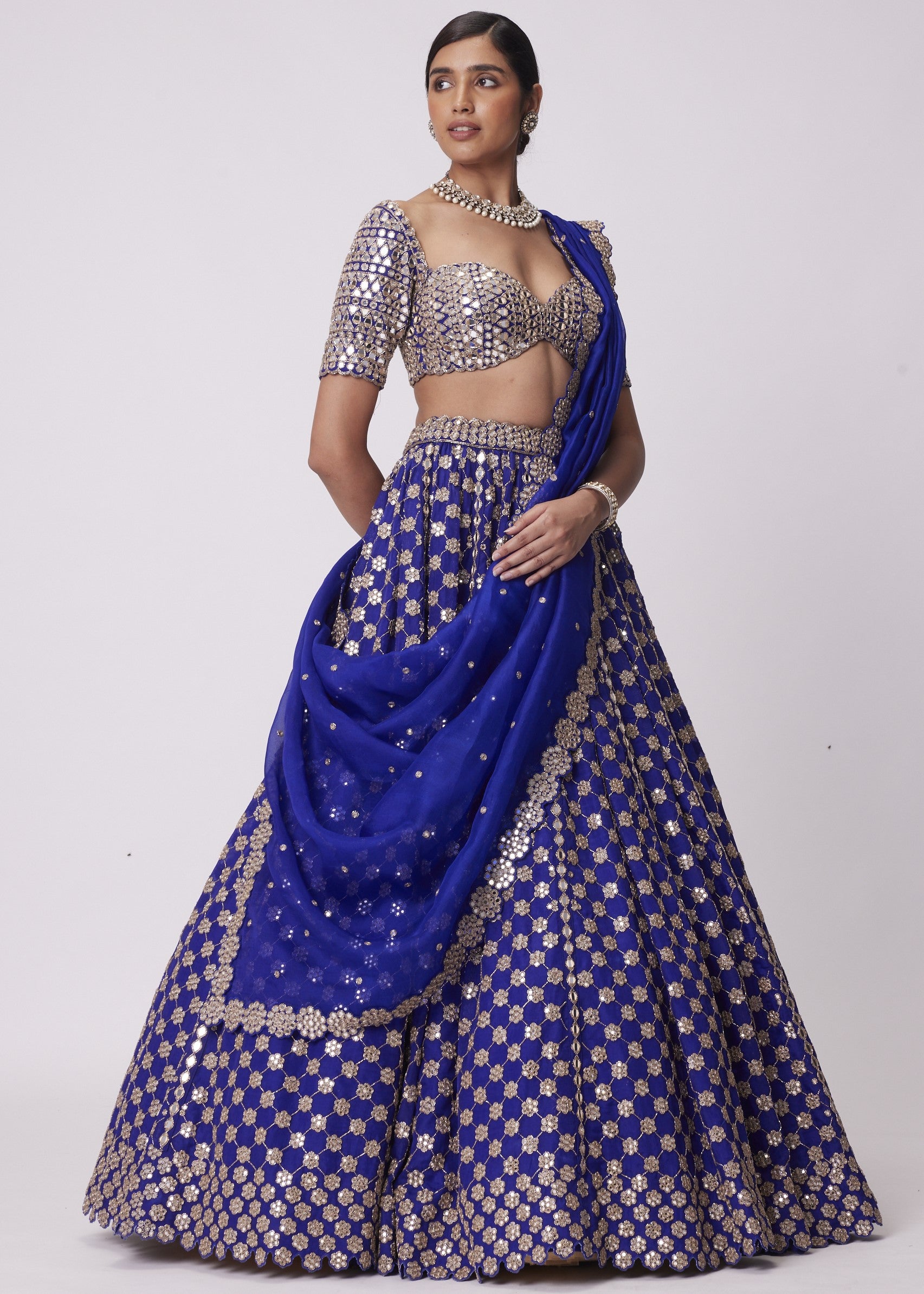 Persian Blue Mirror Flower Embroidered Lehenga Set