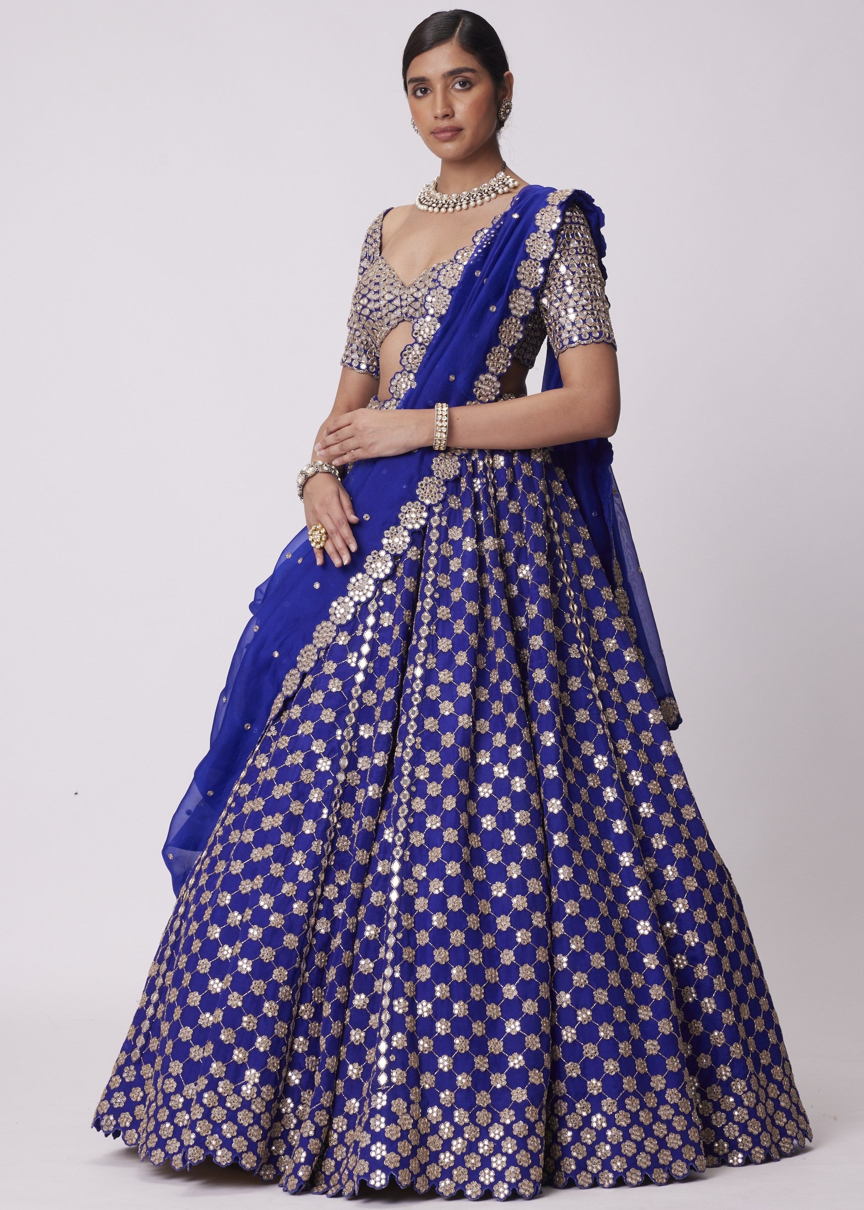 Persian Blue Mirror Flower Embroidered Lehenga Set