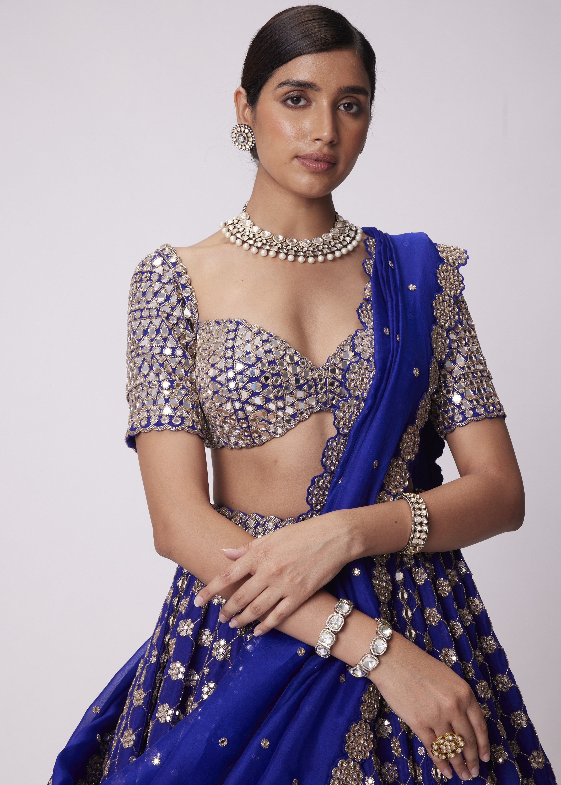 Persian Blue Mirror Flower Embroidered Lehenga Set