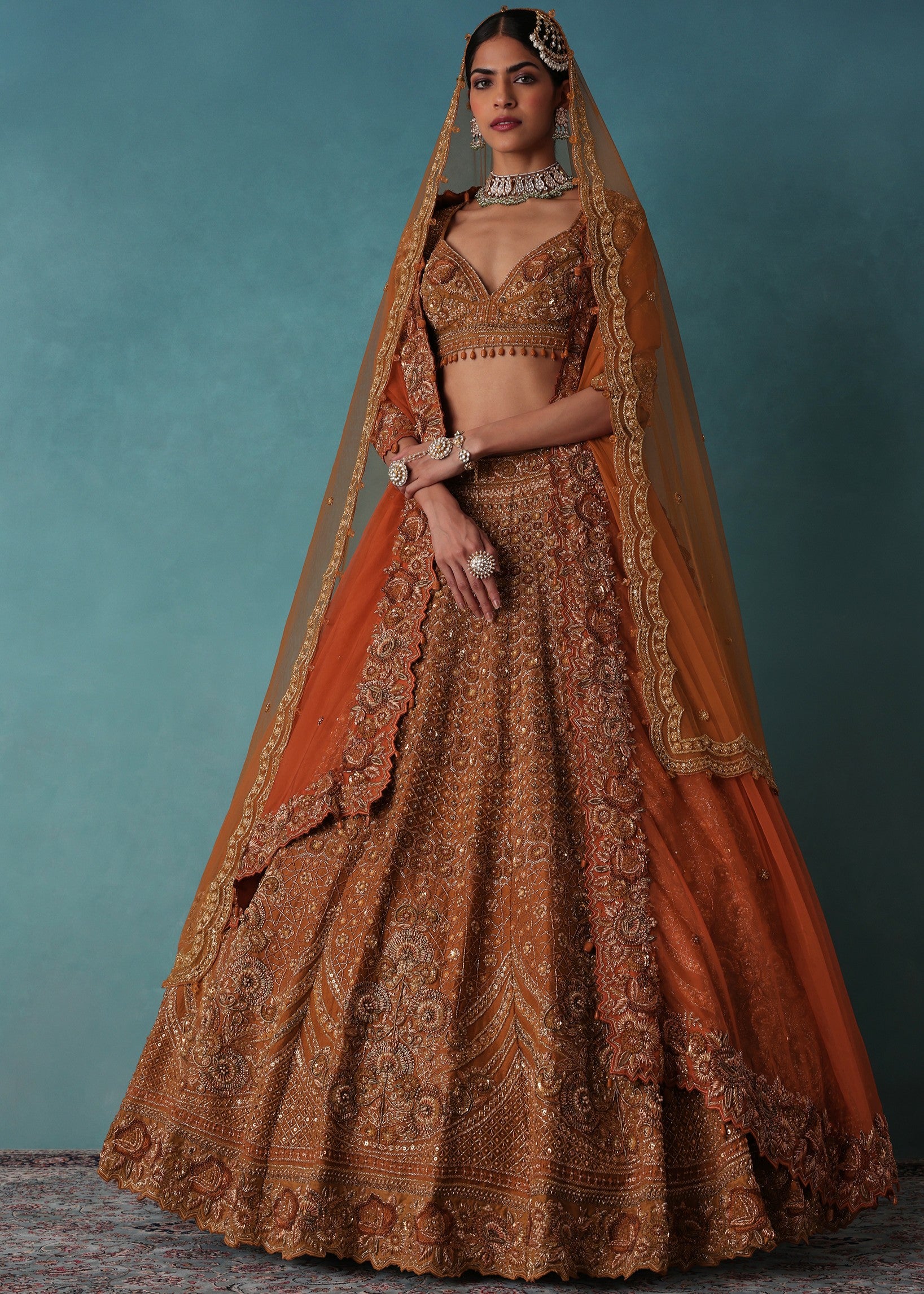 Rust Orange Raw Silk Bridal Lehenga