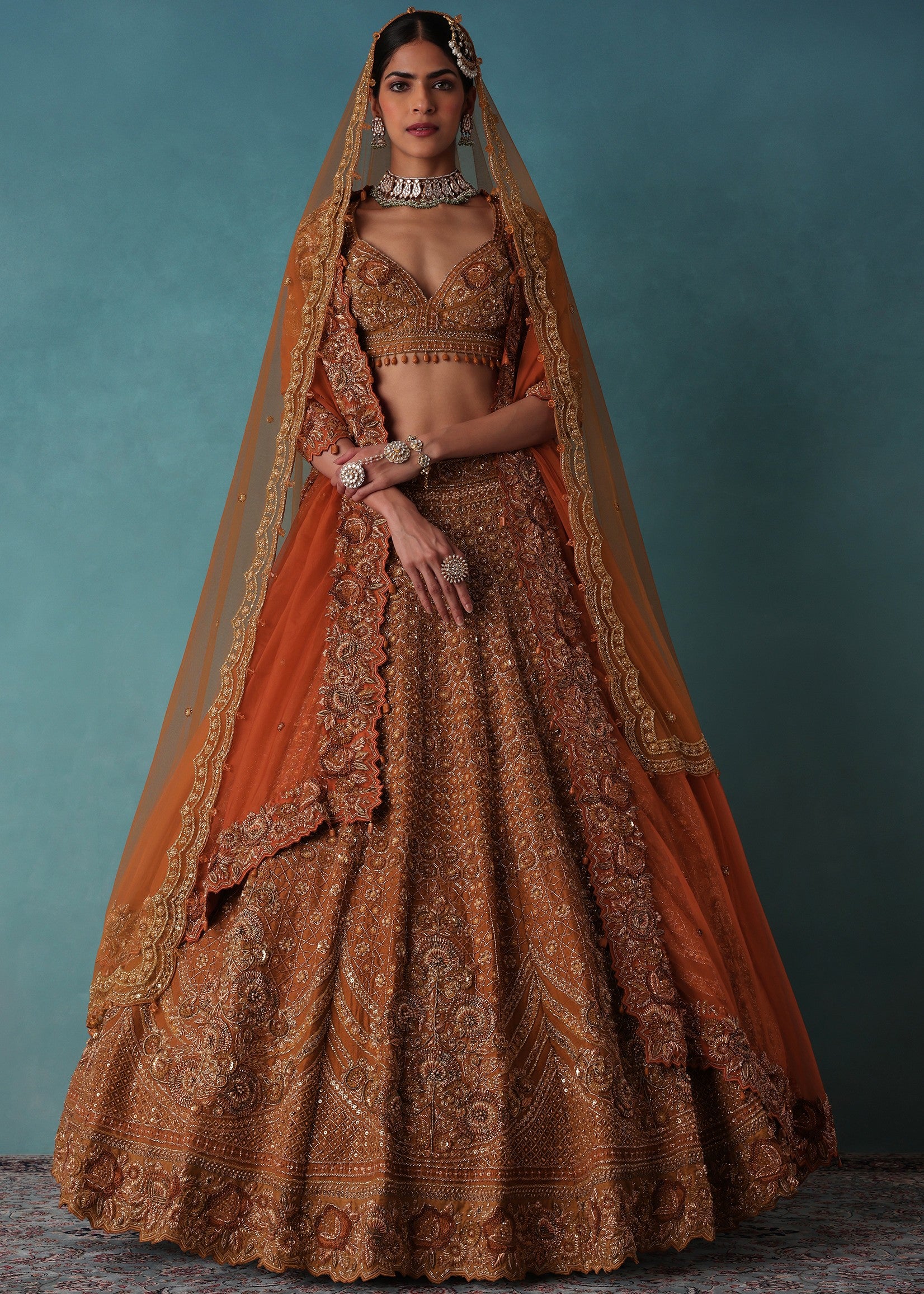 Rust Orange Raw Silk Bridal Lehenga