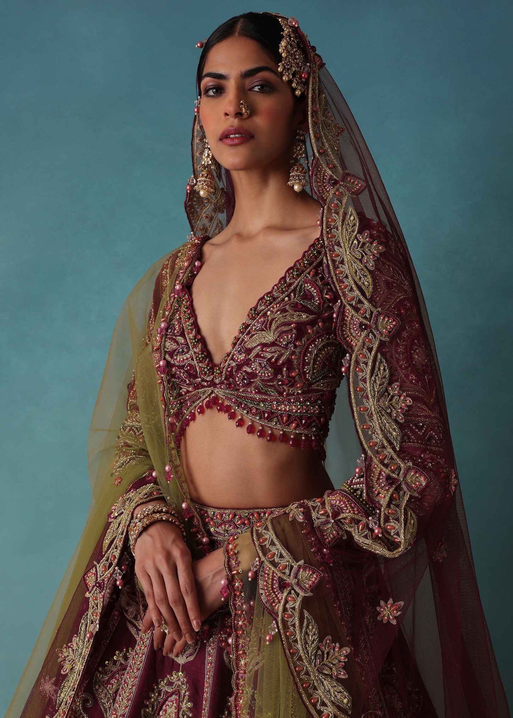 Old Rose Red Embroidered Bridal Lehenga Set