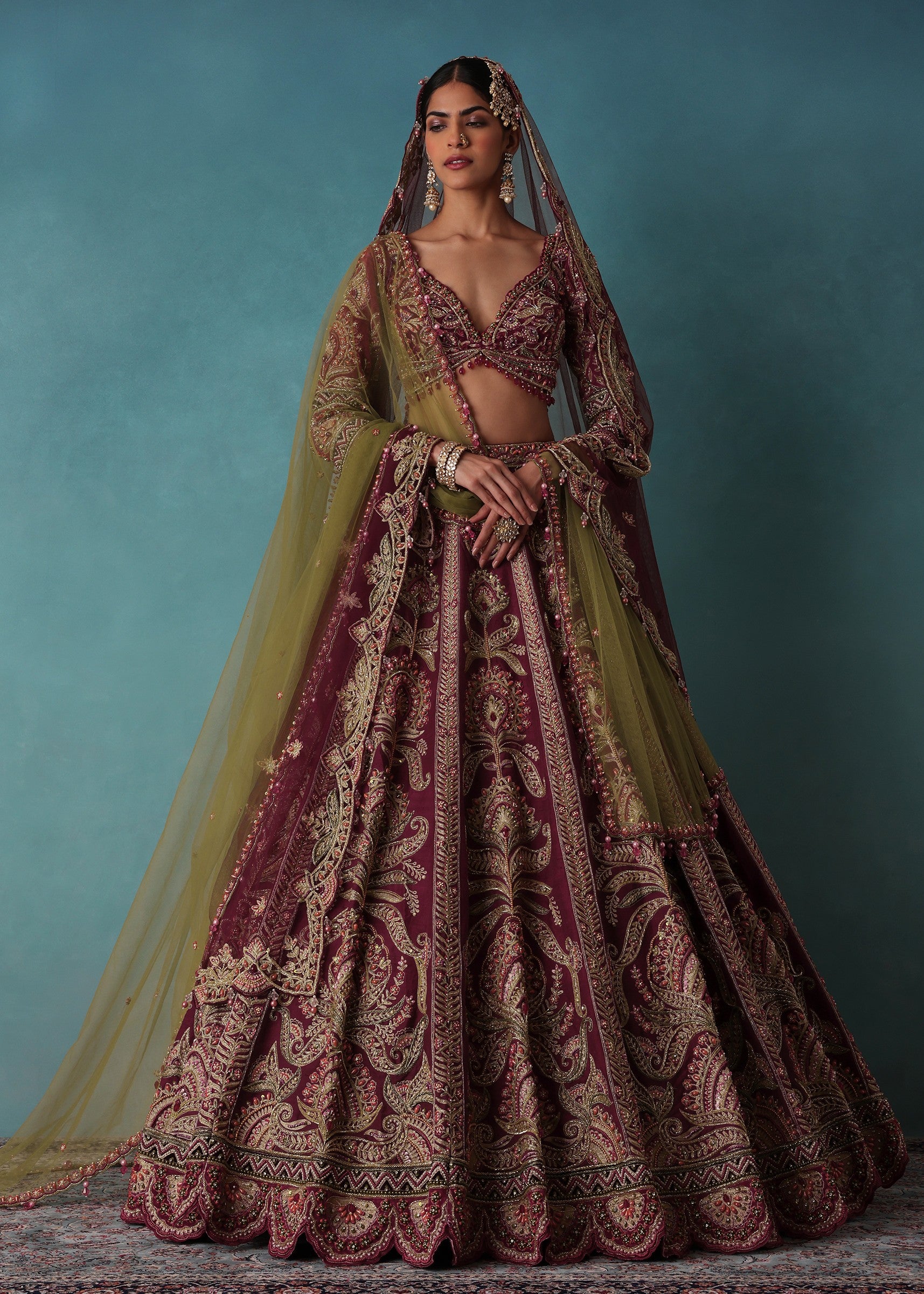 Old Rose Red Embroidered Bridal Lehenga Set
