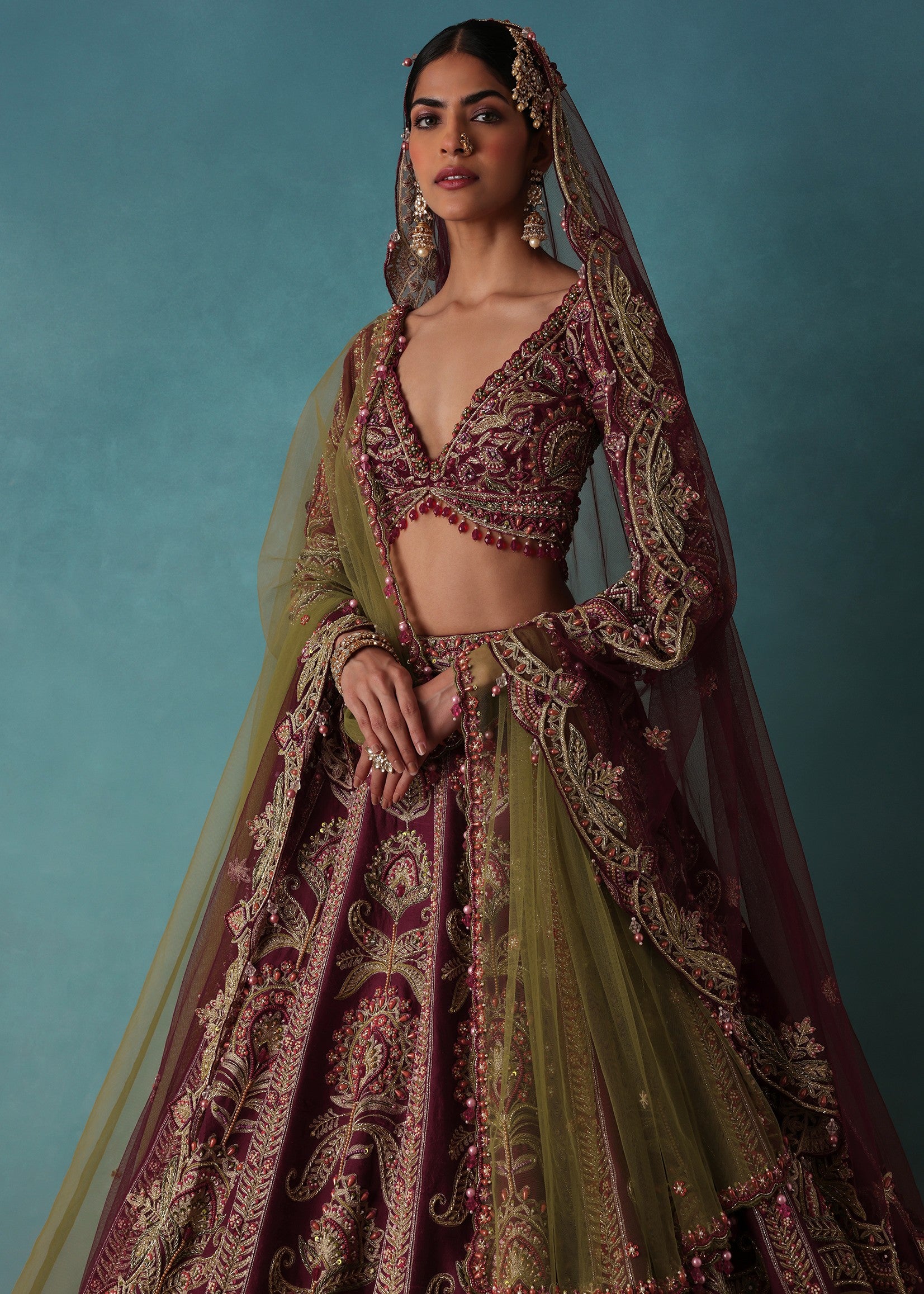 Old Rose Red Embroidered Bridal Lehenga Set