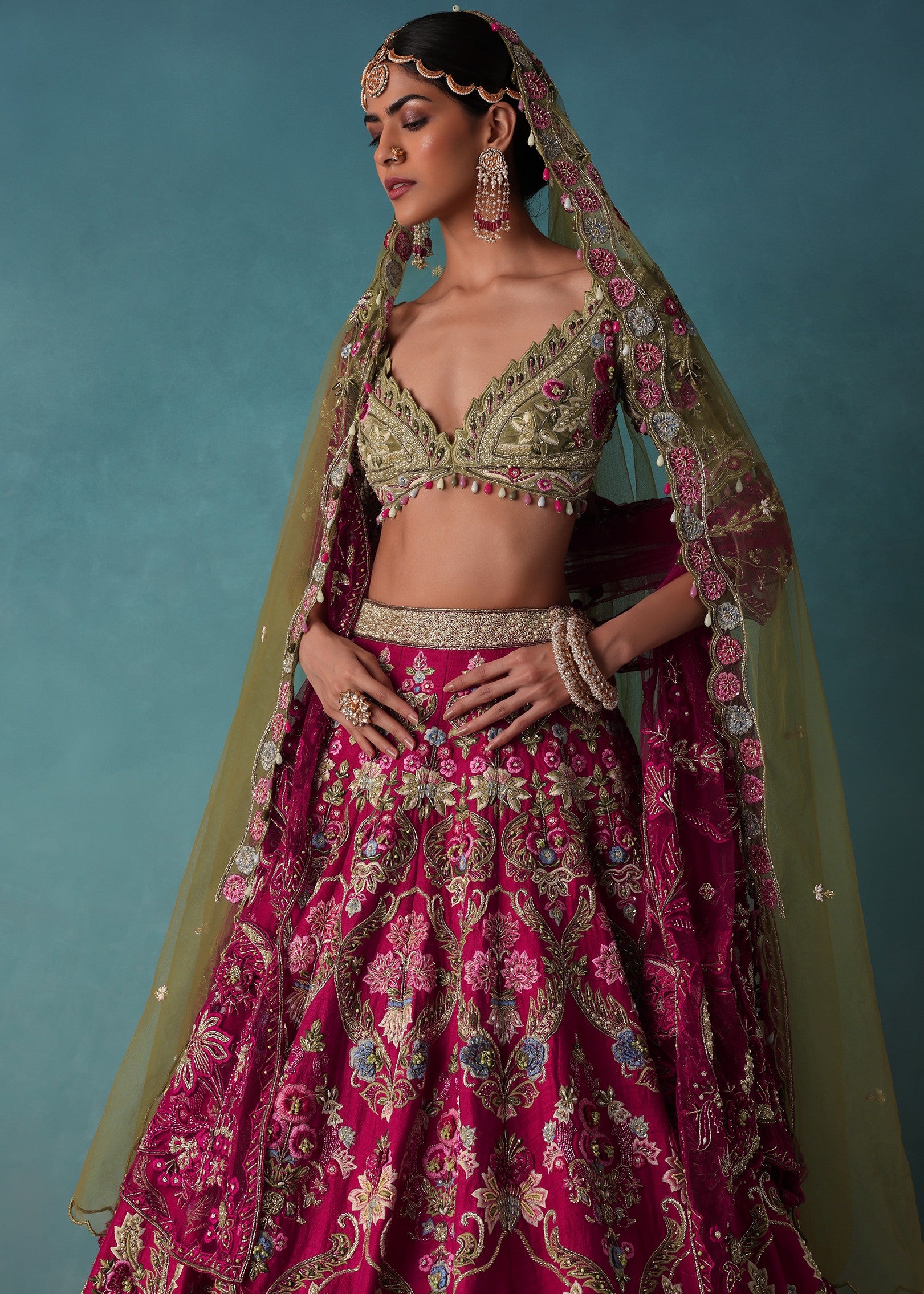 Rhodamine Pink Hand Embroidered Bridal Lehenga Set