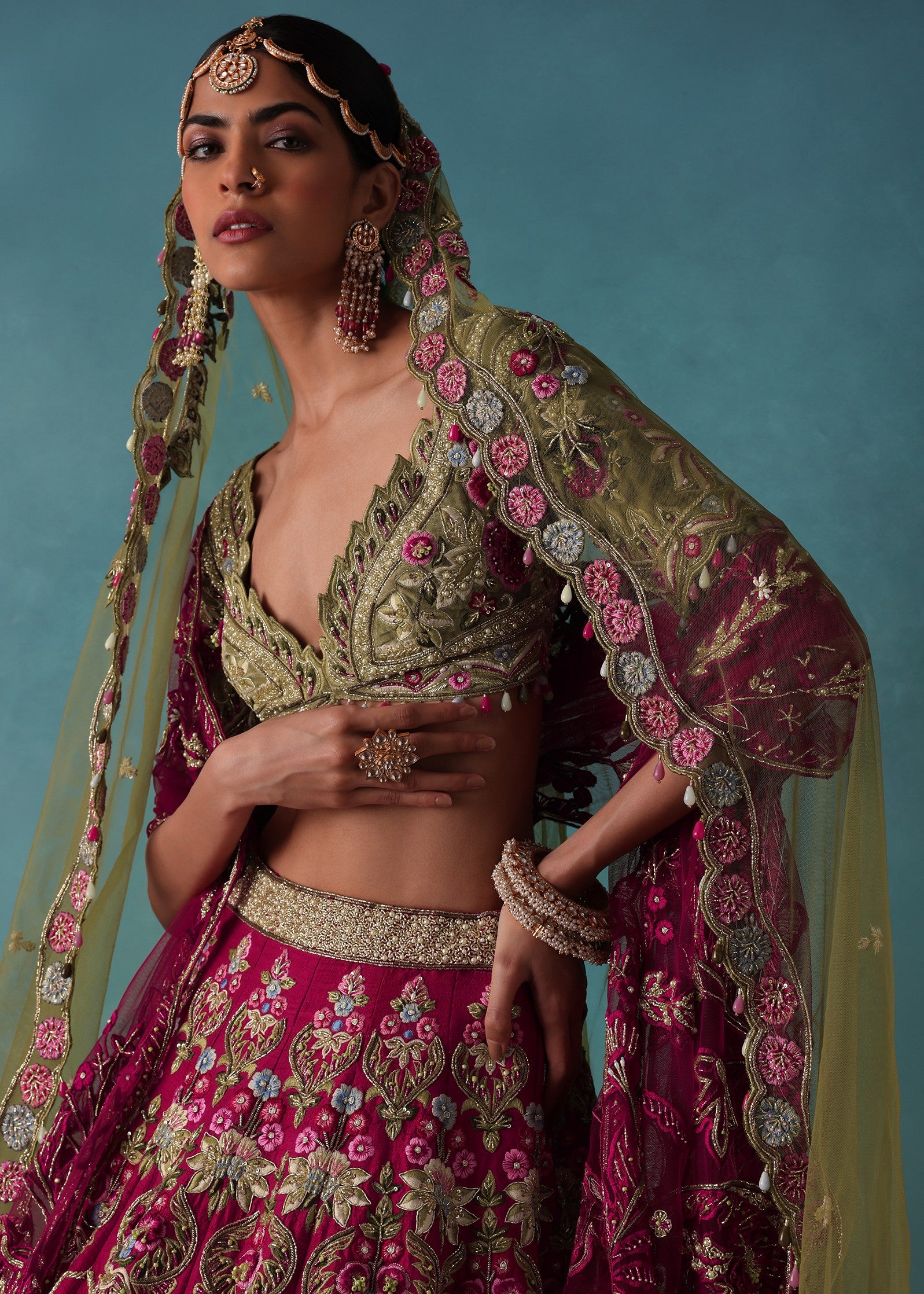Rhodamine Pink Hand Embroidered Bridal Lehenga Set