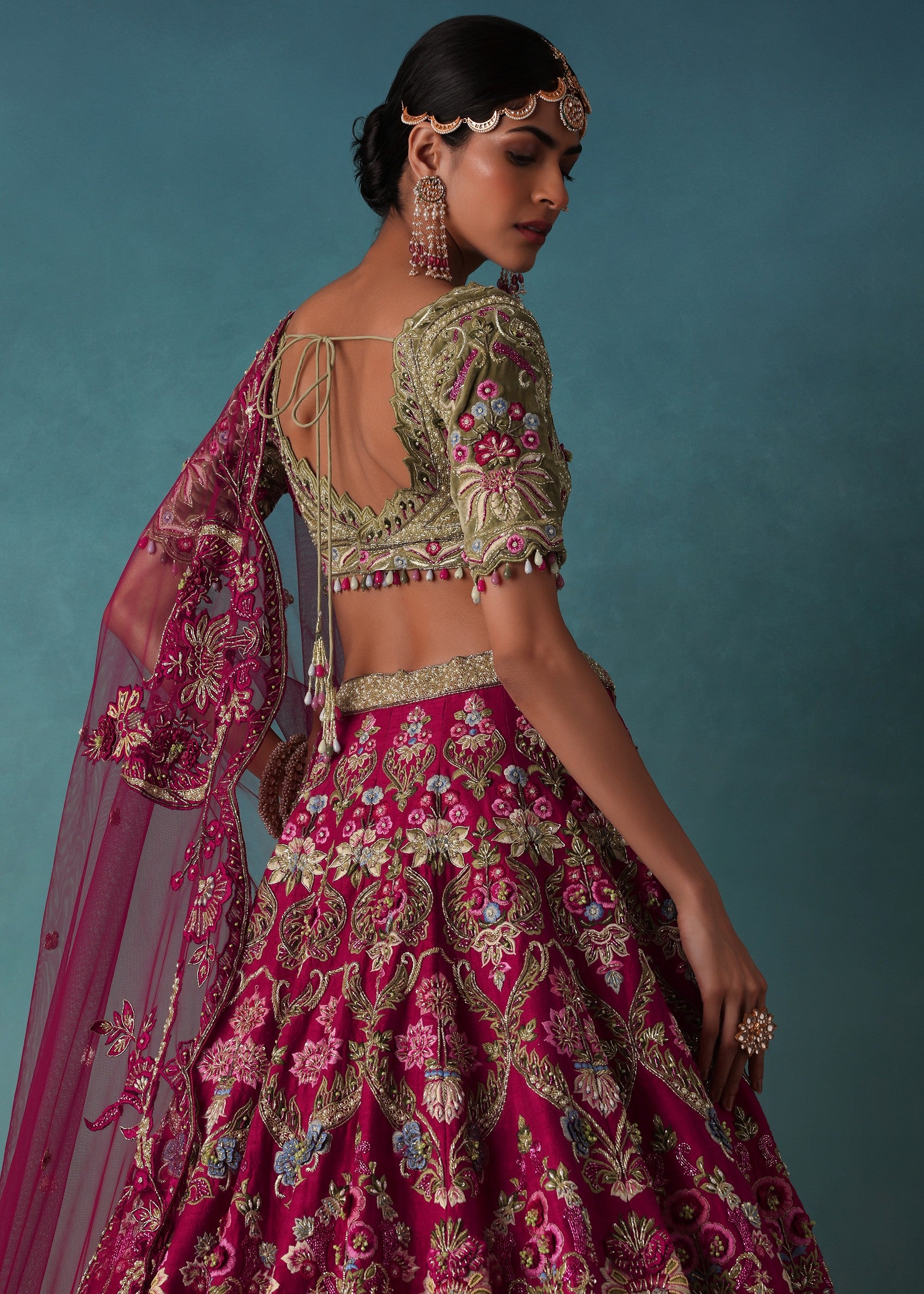 Rhodamine Pink Hand Embroidered Bridal Lehenga Set