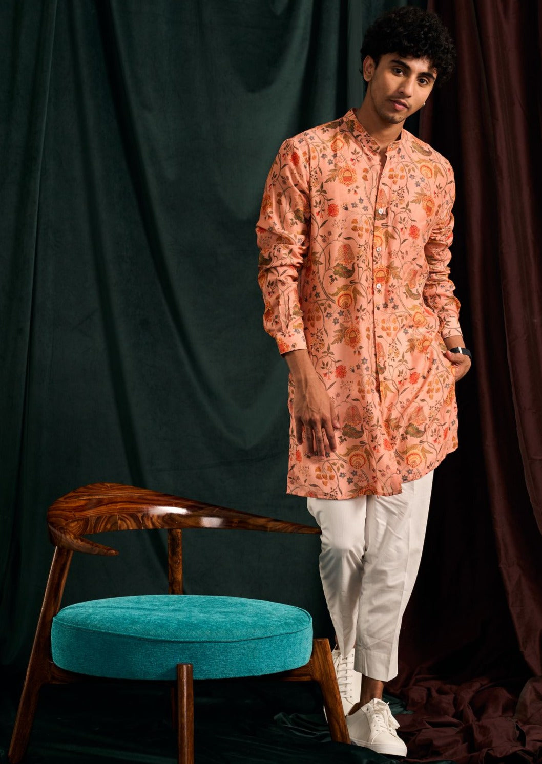 Salmon Garden Of Eden Cotton Kurta with Cream Pajama
