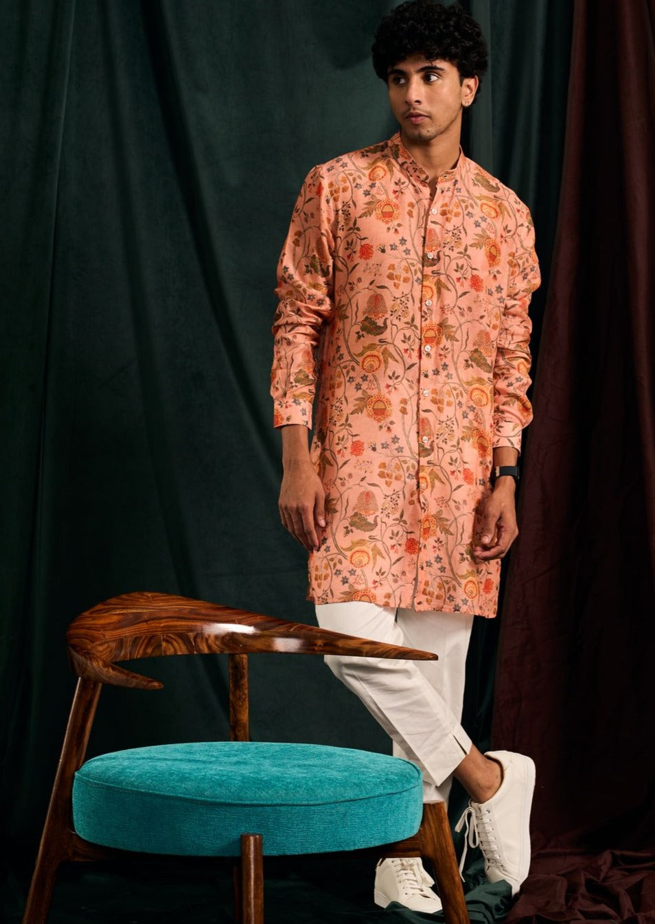 Salmon Garden Of Eden Cotton Kurta with Cream Pajama