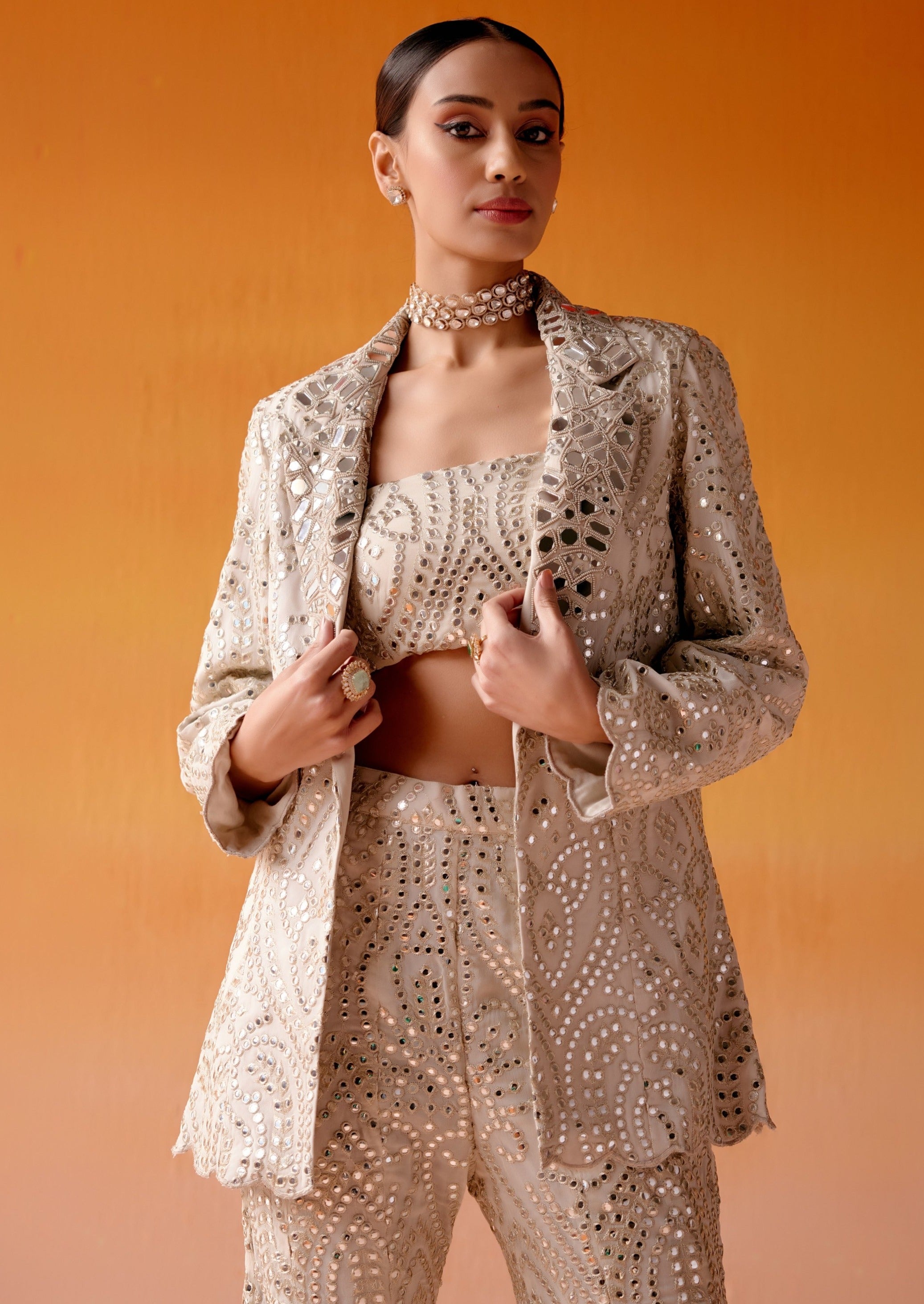 Ivory Mirrorwork Scallop Coat Jacket