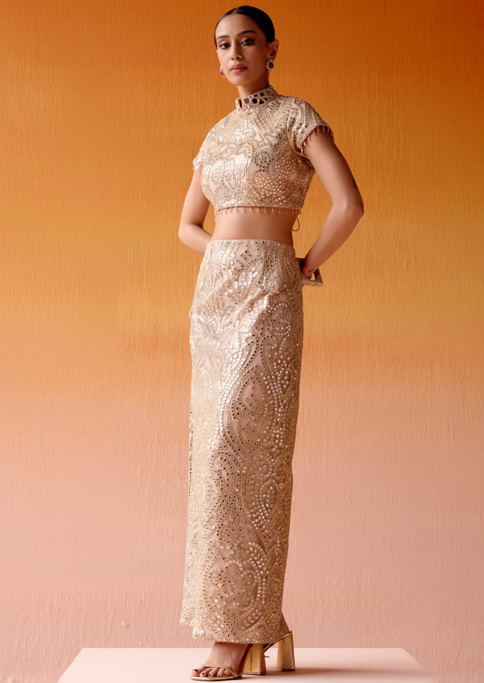 Long Slit Skirt With High Neck Blouse