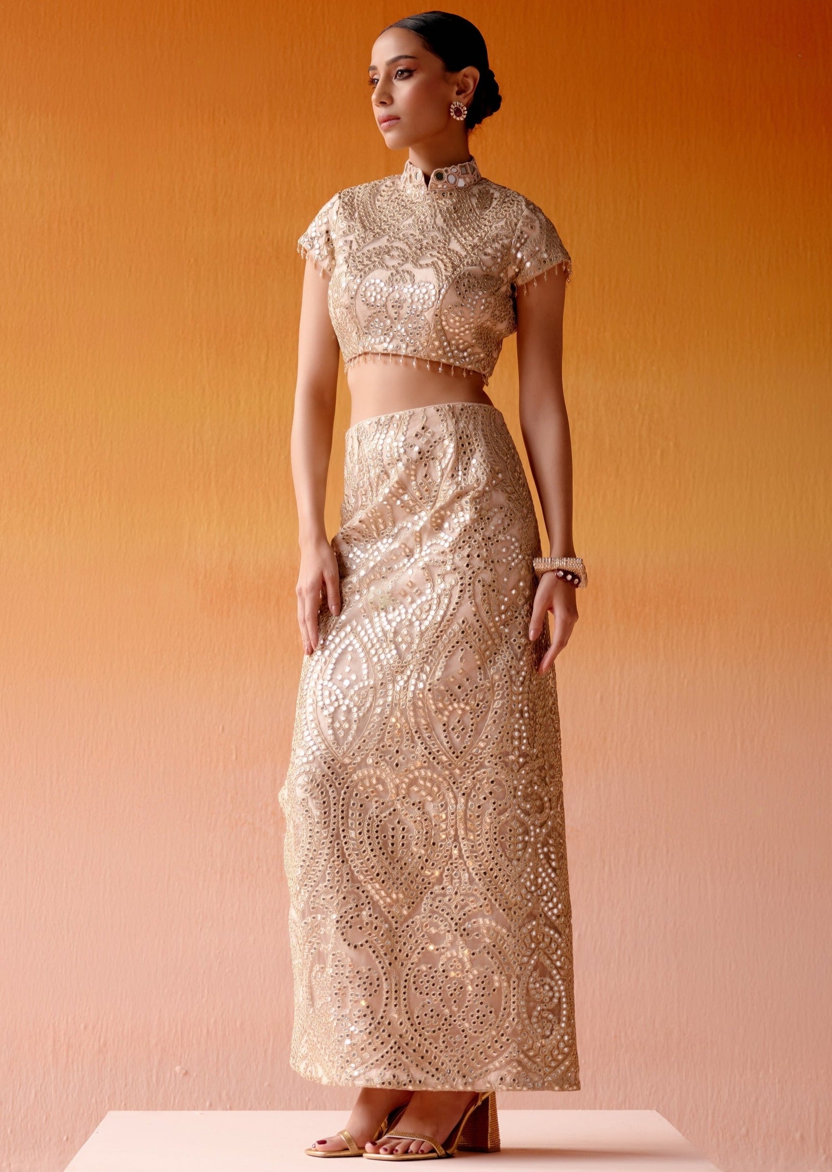 Long Slit Skirt With High Neck Blouse