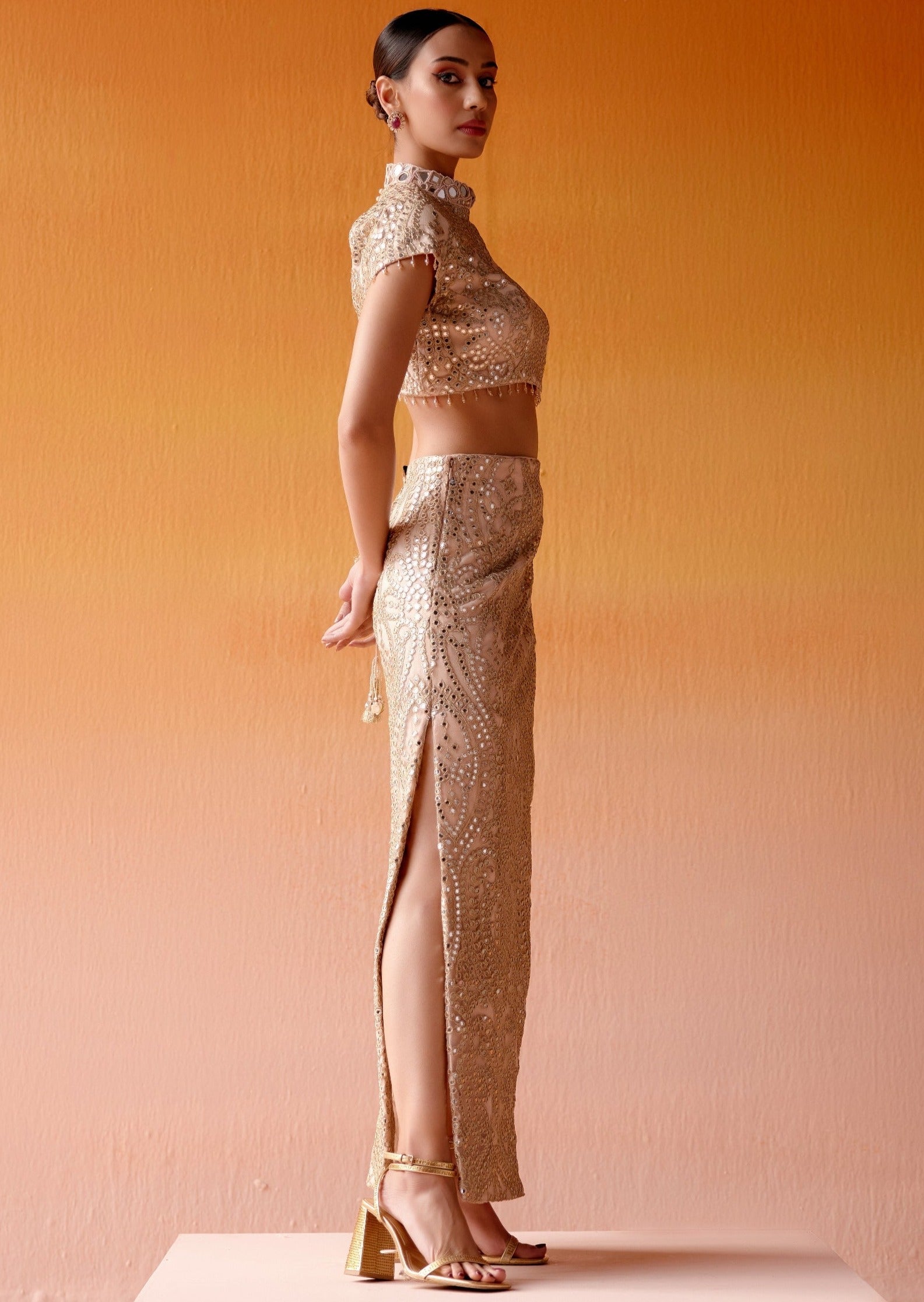 Long Slit Skirt With High Neck Blouse